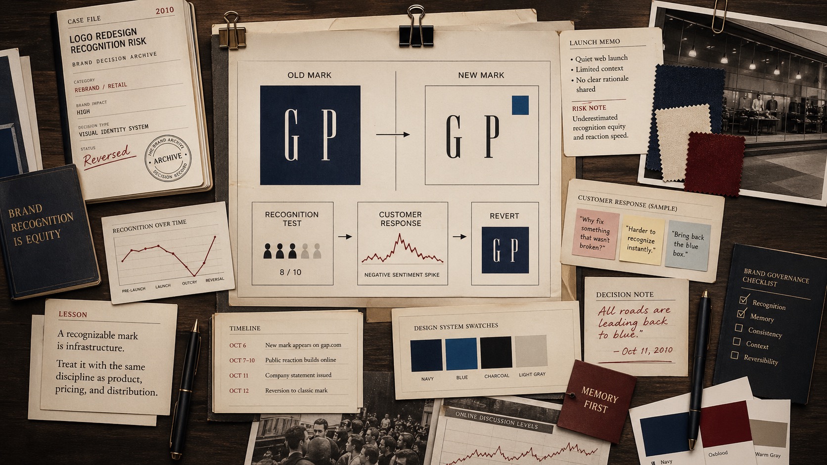 Premium editorial archive still-life of a 2010 retail logo redesign case file, old mark and new mark recognition boards, customer response notes, reversal memo, timeline cards, and brand governance checklist