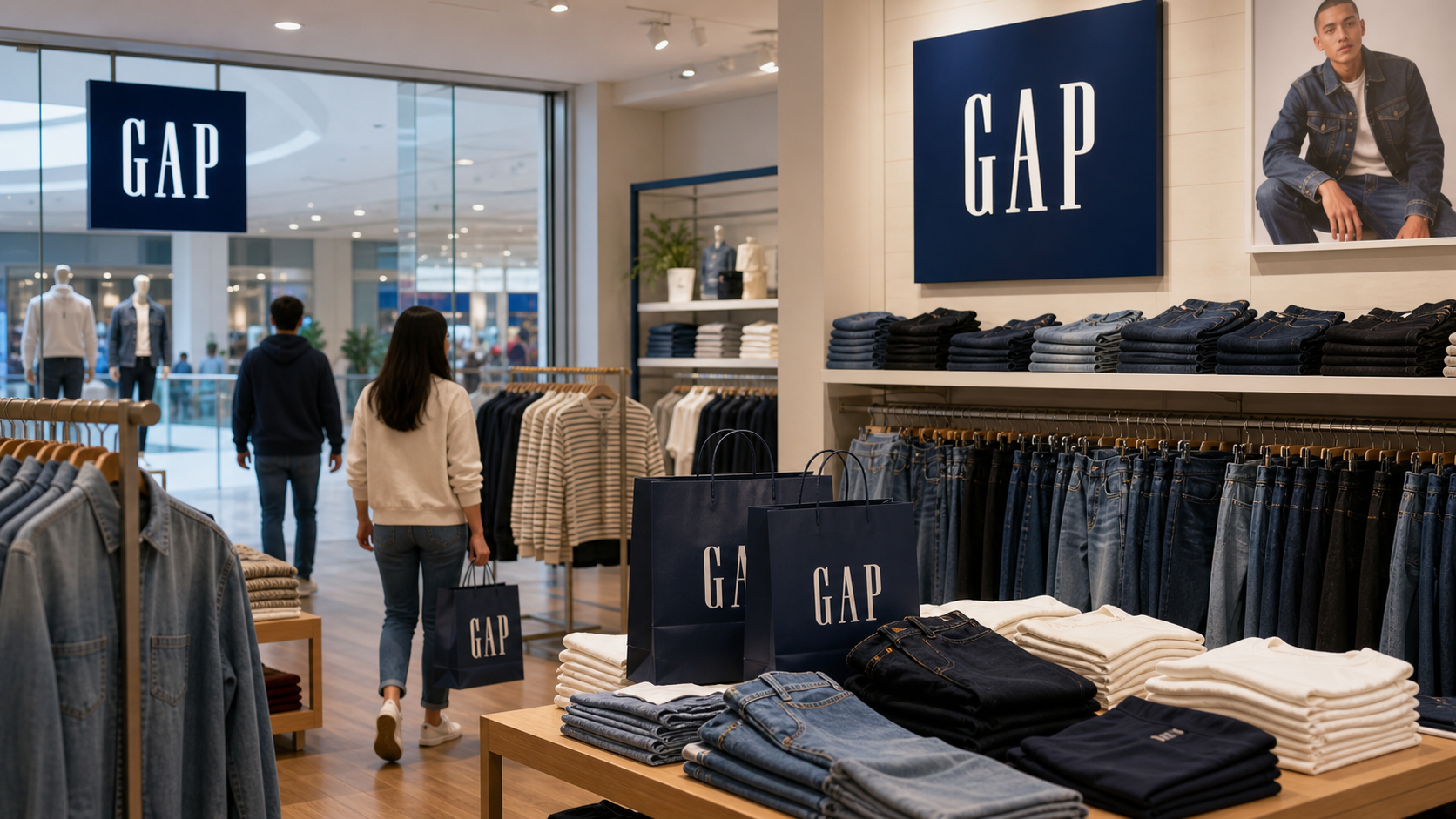 Gap storefront and apparel display with classic navy signage and shopping bags.