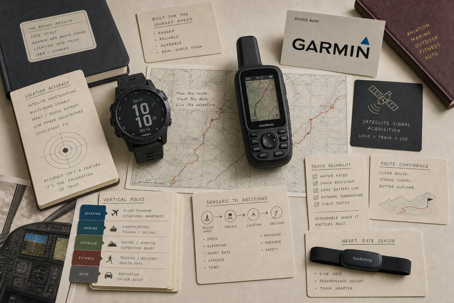 Premium editorial archive still-life of a Garmin GPS device location trust case with Garmin source-mark card, GPS watch, handheld GPS device, route map, satellite signal card, vertical market tabs, sensor card, and device reliability checklist