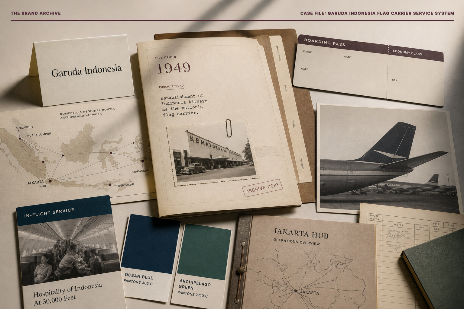 Premium editorial archive still-life of a Garuda Indonesia flag carrier service case with source-mark card, archipelago route map, 1949 origin file, blank boarding pass, aircraft tail silhouette, cabin service card, blue green swatches, and Jakarta hub folder