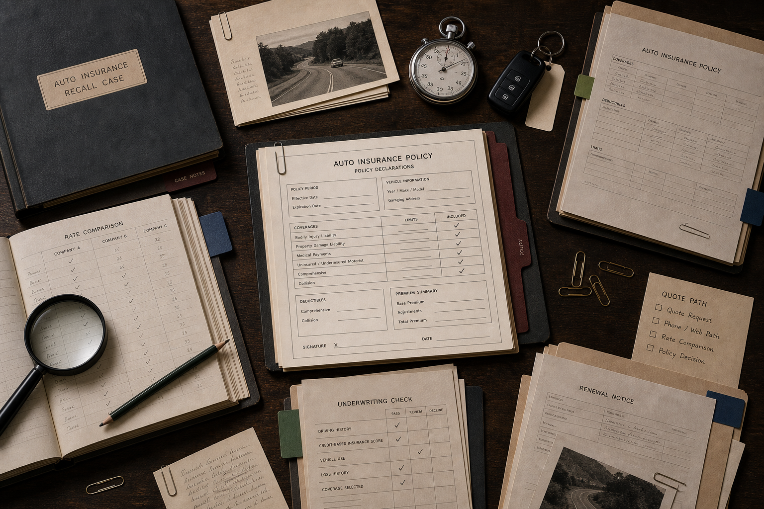 Premium editorial archive still-life of a GEICO insurance recall case with a central auto insurance policy declarations packet, rate comparison sheets, underwriting checks, renewal notices, a stopwatch, car key, research folders, and clipped case notes