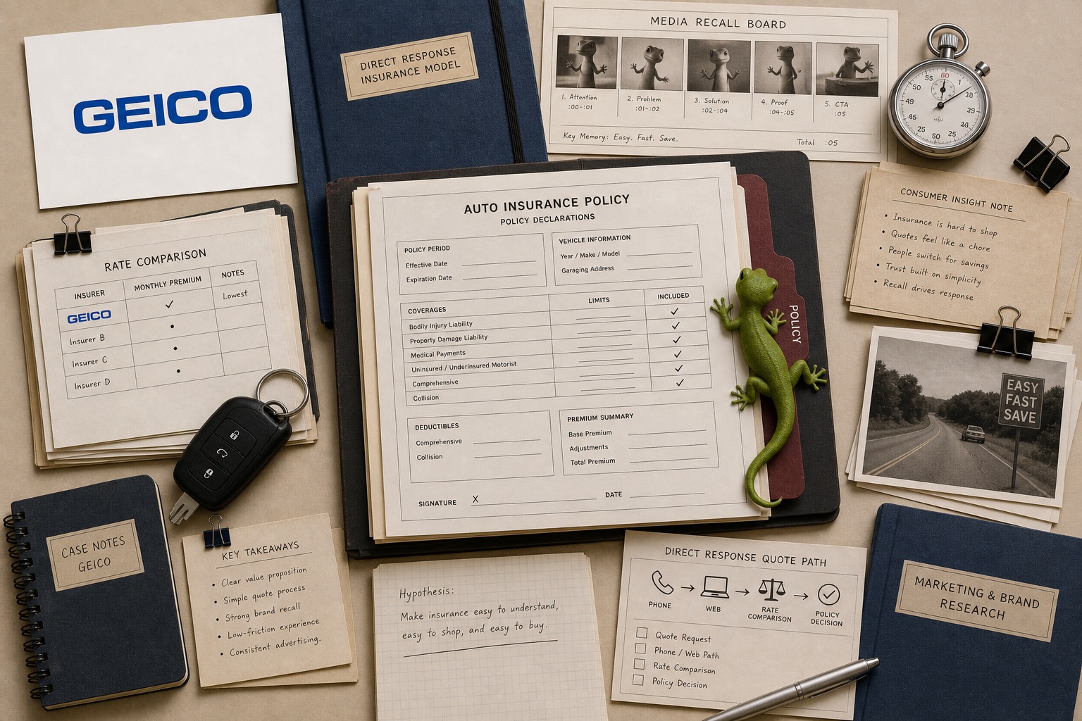 Premium editorial archive still-life of a GEICO insurance recall case with a GEICO source-mark card, central auto insurance policy declarations packet, rate comparison sheet, direct-response quote path, media recall board, stopwatch, car key, green gecko memory cue, and brand research folders