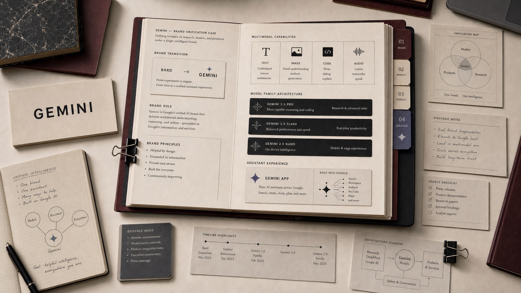 Premium editorial archive still-life of a Gemini AI brand-unification case with a Gemini source-mark card, Bard-to-Gemini route card, multimodal text image code audio cards, and model-family architecture strips