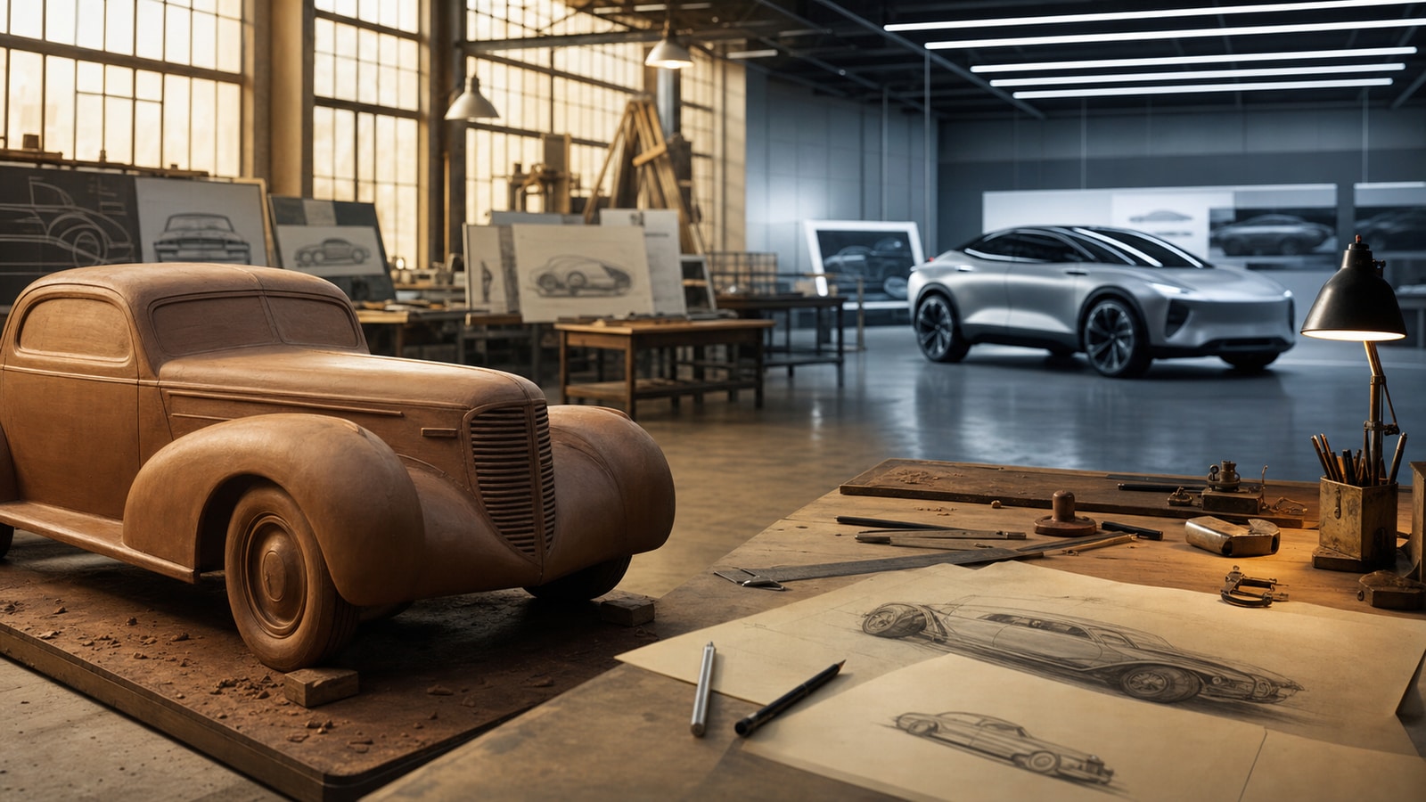 Logo-free General Motors design studio scene connecting heritage and future vehicles.