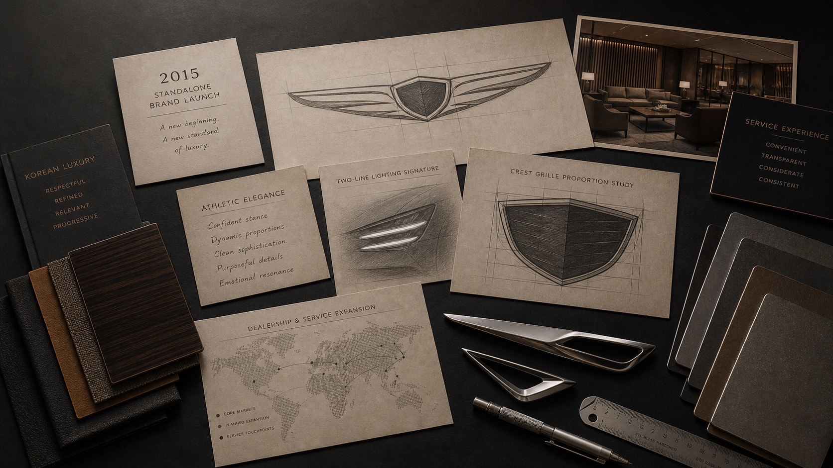 Premium editorial archive still-life of a Genesis two-lines luxury case with winged crest study, 2015 standalone launch card, Athletic Elegance note, two parallel light-line sketch, shield grille study, Korean luxury material samples, service lounge card, and metal trim pieces