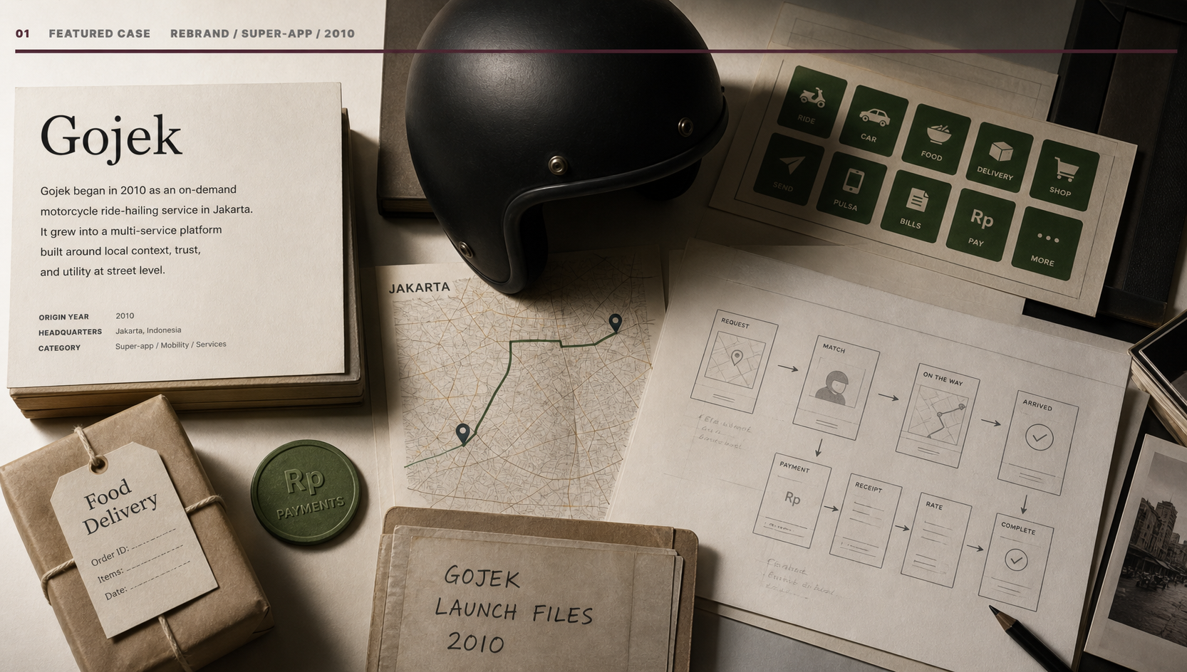 Premium editorial archive still-life of a Gojek ojek super-app case with source-mark card, green service tiles, Jakarta route map, motorcycle helmet silhouette, app flow wireframe, food parcel tag, payments token, and 2010 origin file