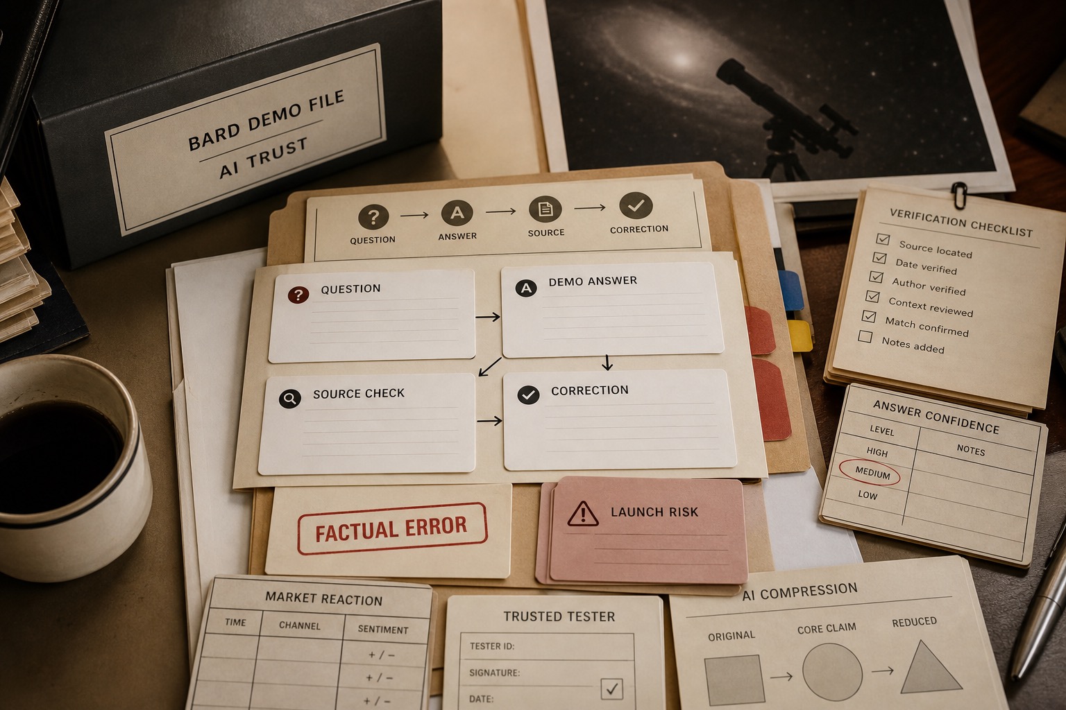Premium editorial archive still-life of a Google Bard demo error case with source-mark card, prompt answer cards, fact-check folder, telescope-style space card, verification checklist, factual-error stamp, launch-risk note, market-reaction ledger, and source-check path