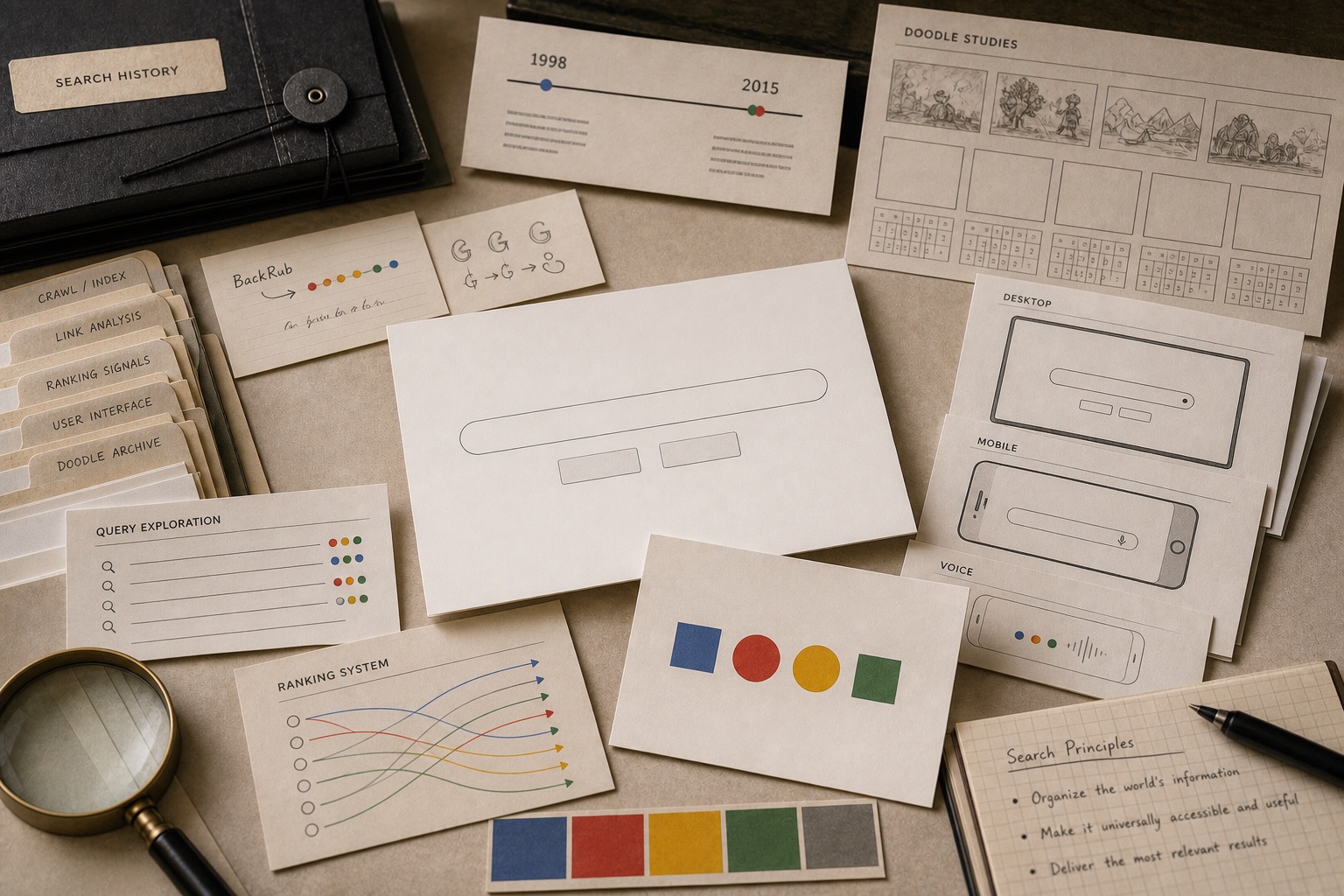 Premium editorial archive still-life of a Google multicolor search recognition case with a blank search page card, multicolor source-mark card, query cards, Doodle studies, crawl index folders, device cards, and ranking diagrams