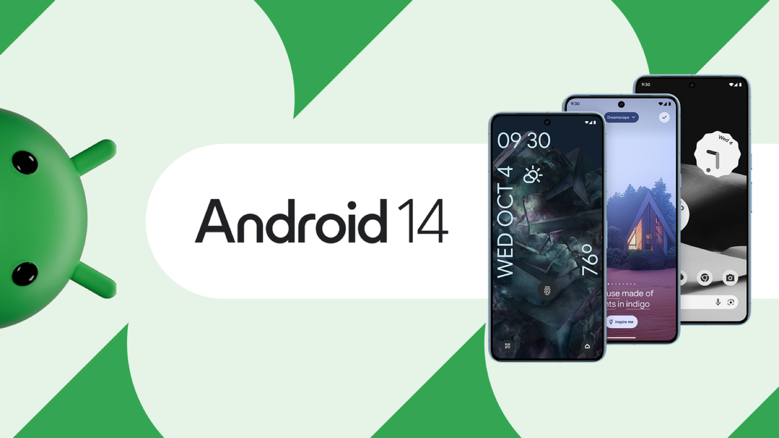 Official Android 14 launch visual with three Android phones and the green Bugdroid.