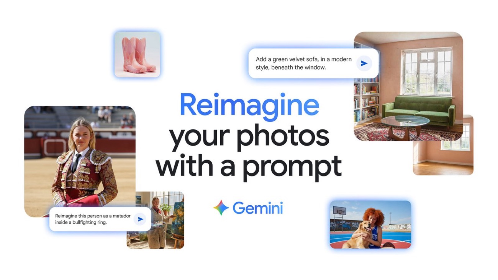 Official Gemini image-editing visual showing prompt-driven photo transformations.