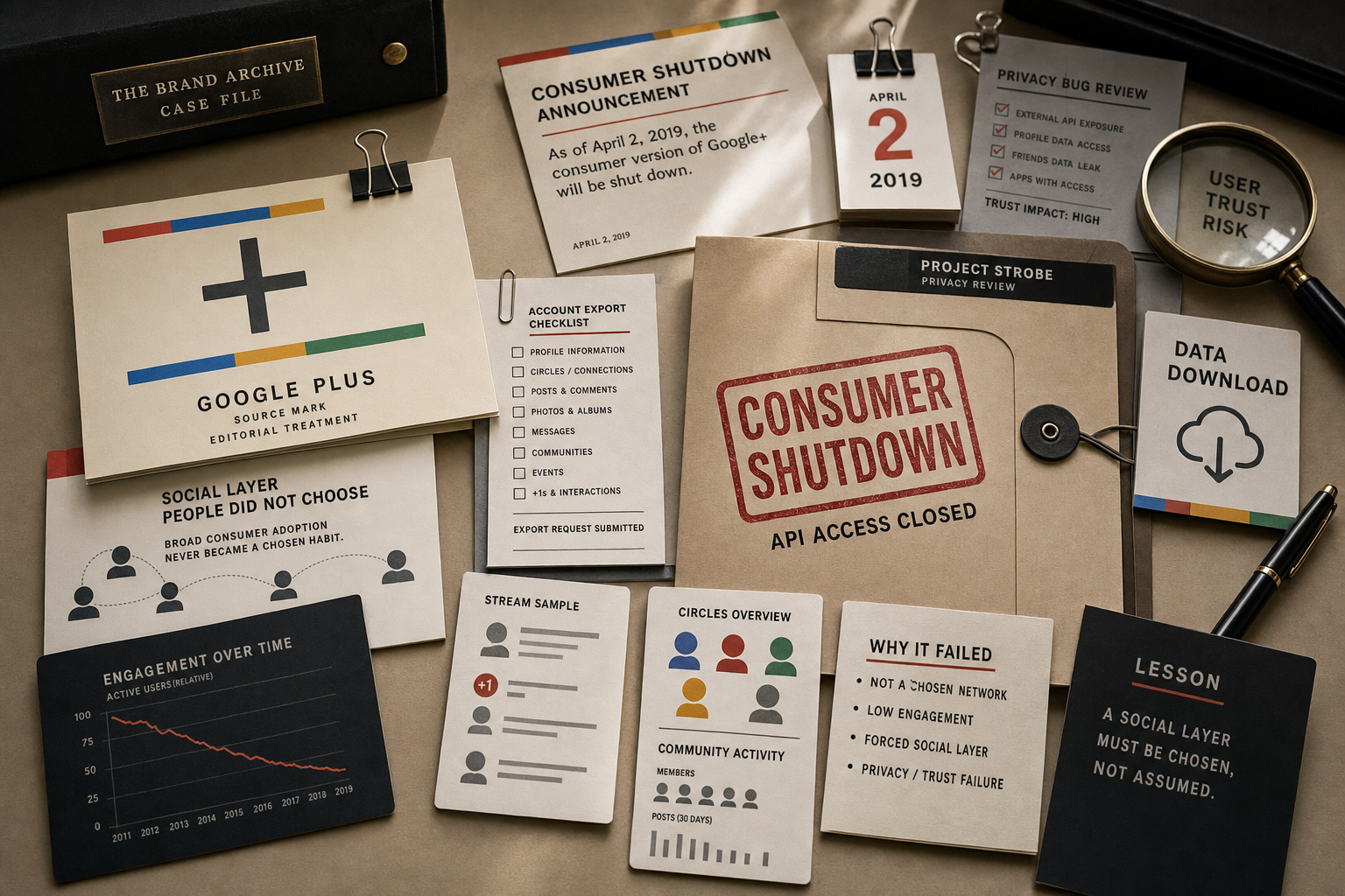 Premium editorial archive still-life of a Google Plus consumer shutdown case with plus source card, social layer map, account export checklist, privacy review folder, API access closed stamp, data download card, and April 2 2019 calendar marker