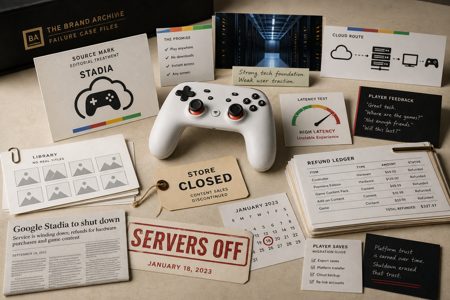 Premium editorial archive still-life of a Google Stadia cloud-gaming shutdown case with controller, server-off tag, refund ledger, latency card, game-library card, player-save migration checklist, and cloud route diagram
