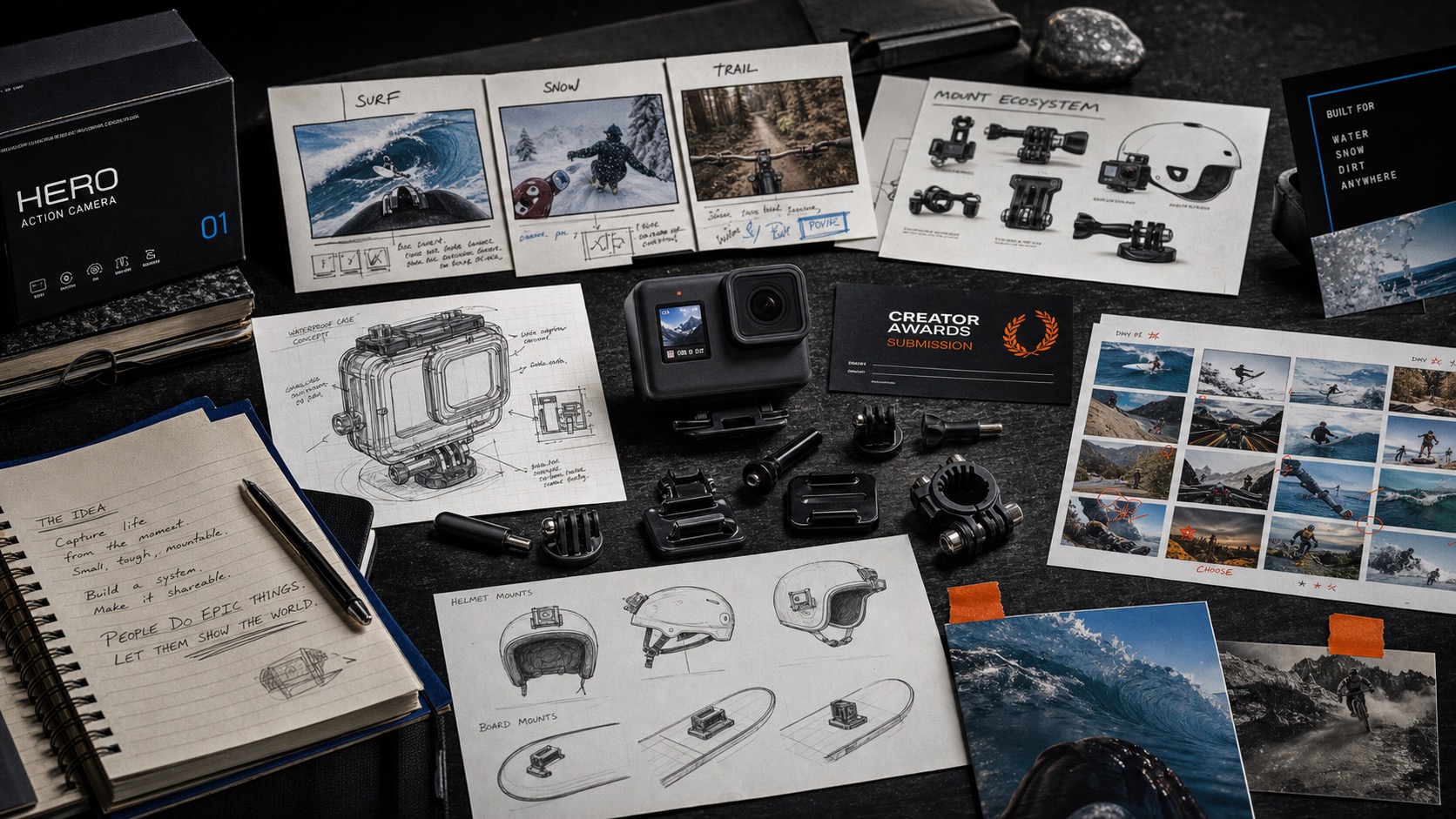 Premium editorial archive still-life of a GoPro HERO action camera user content case with source-mark card, compact action camera silhouette, mount pieces, waterproof case sketch, surf snow trail storyboard cards, contact sheet, awards submission card, helmet mount diagram, and founder idea note