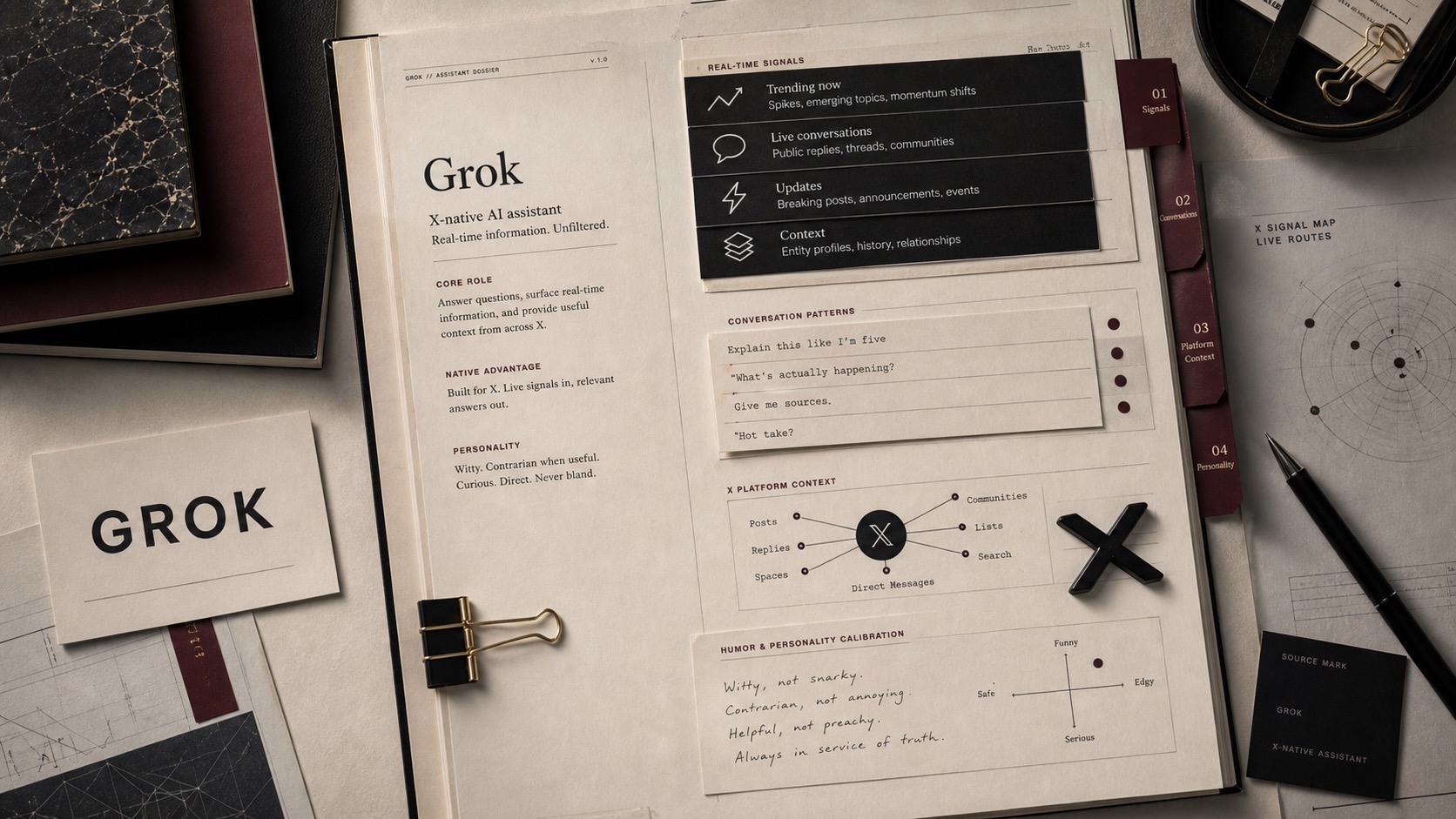 Premium editorial archive still-life of a Grok AI assistant case with a Grok source-mark card, live signal strips, X-platform route map, conversation cards, and personality calibration notes