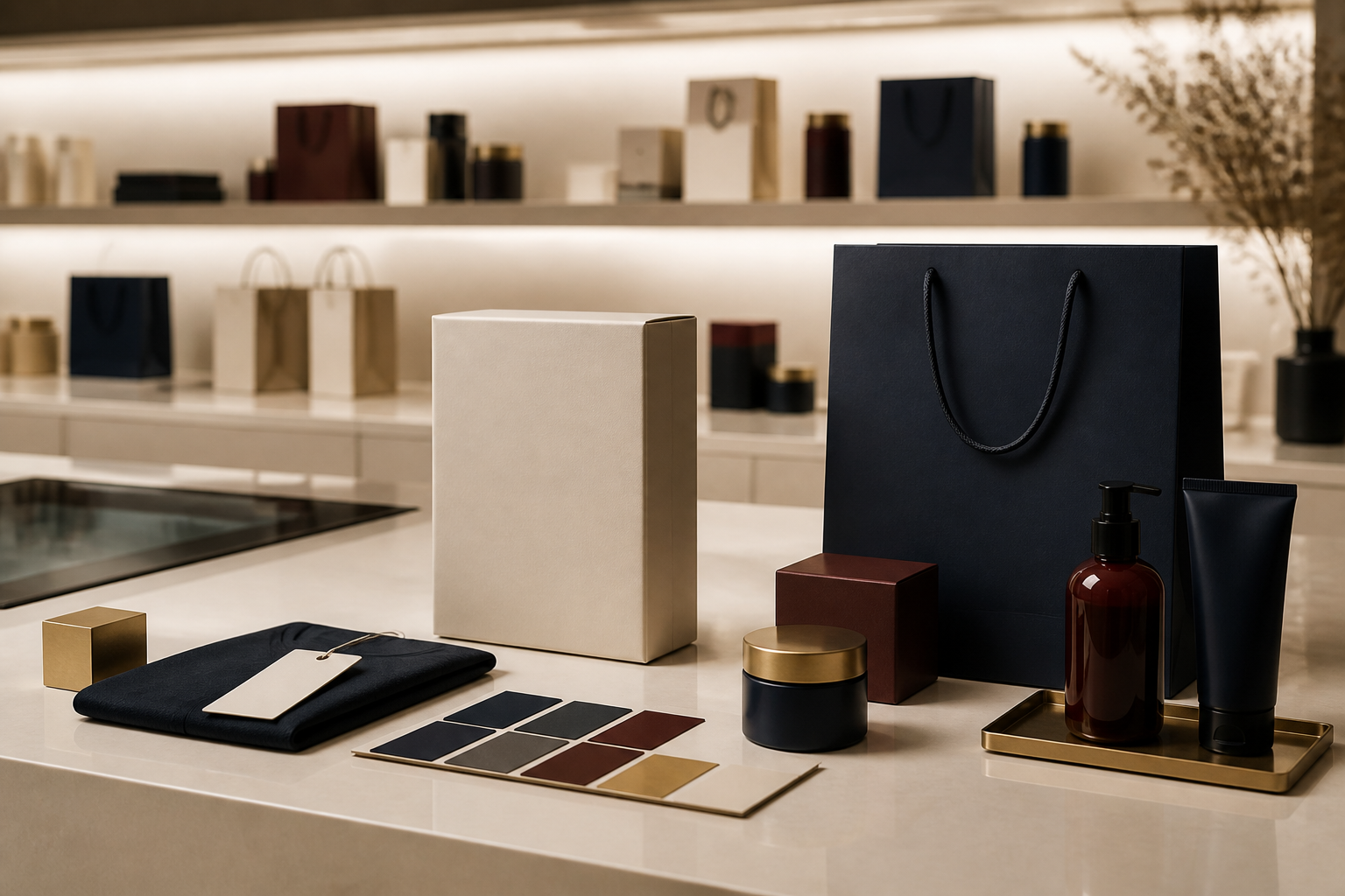 Premium retail brand objects with blank packaging, shopping bag, color swatches, and product cues