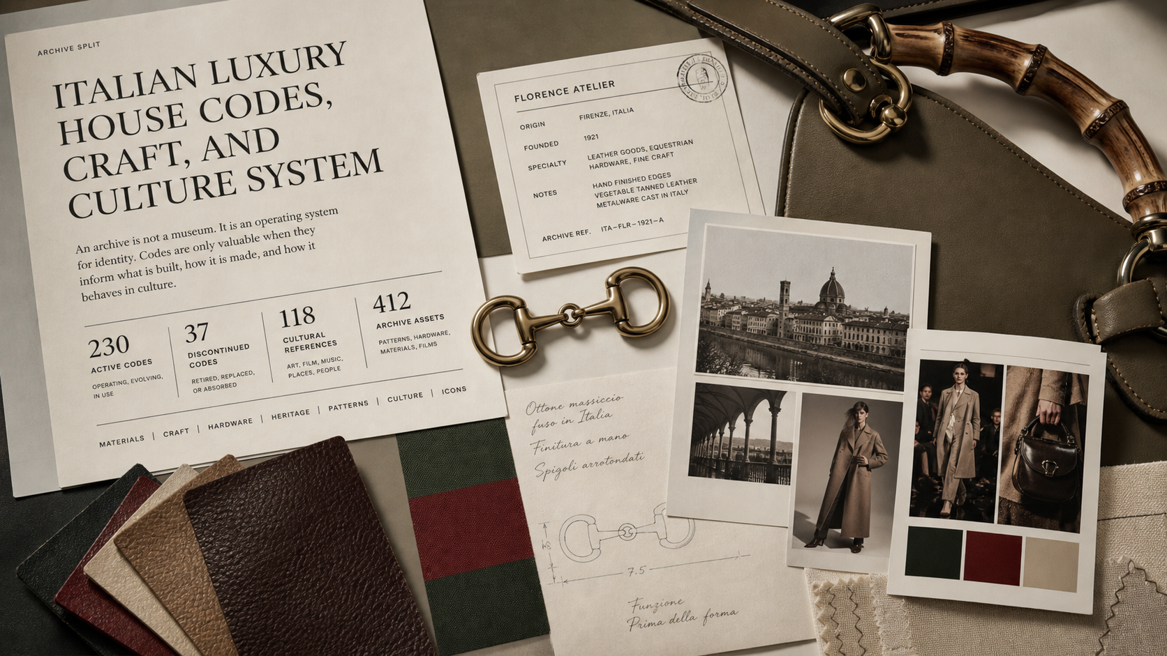 Premium editorial archive still-life of a Gucci house-code case with leather swatches, generic bamboo-handle study, horsebit-inspired hardware, green-red abstract color slips, Florence atelier card, runway clippings, and craft notes