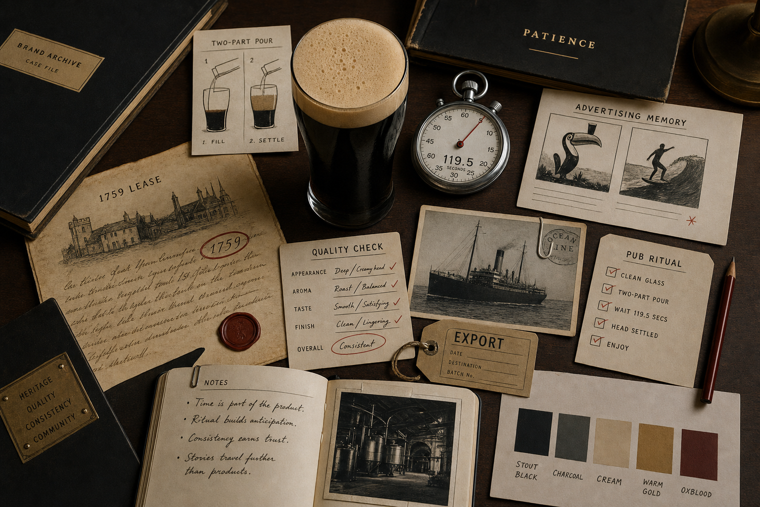 Premium editorial archive still-life of a Guinness patience and pour ritual case with a generic dark stout pint, stopwatch reading 119.5 seconds, two-part pour cards, 1759 lease notes, quality check sheets, export tags, and generic advertising storyboards