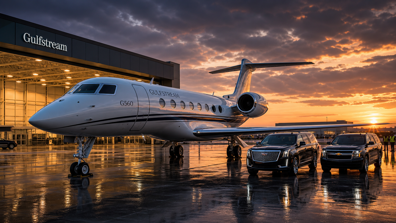 Generated Gulfstream G560-class FBO apron scene with American SUVs for scale and a closed door.