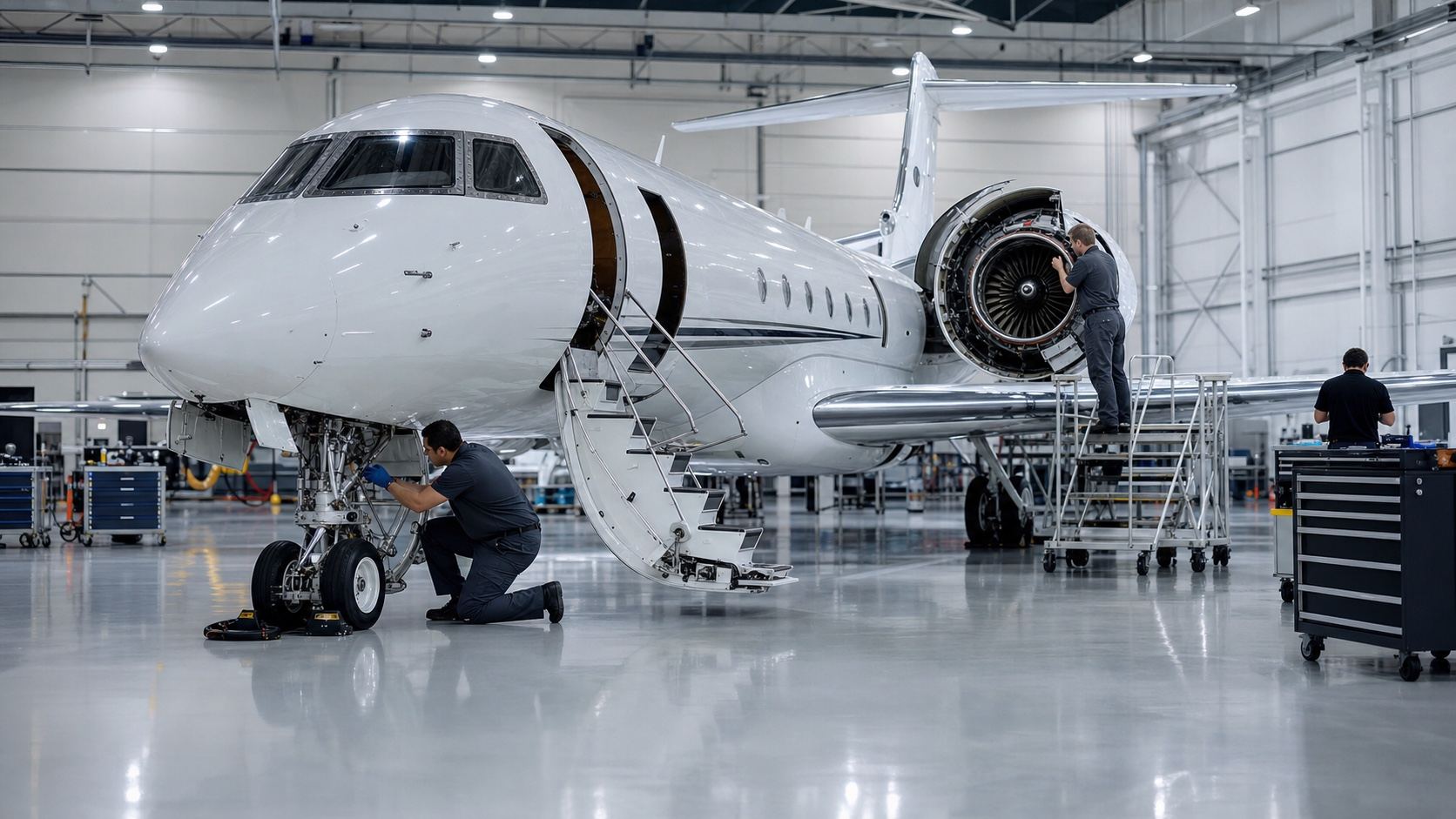 Logo-free business-jet maintenance scene with technicians and an open engine cowling.