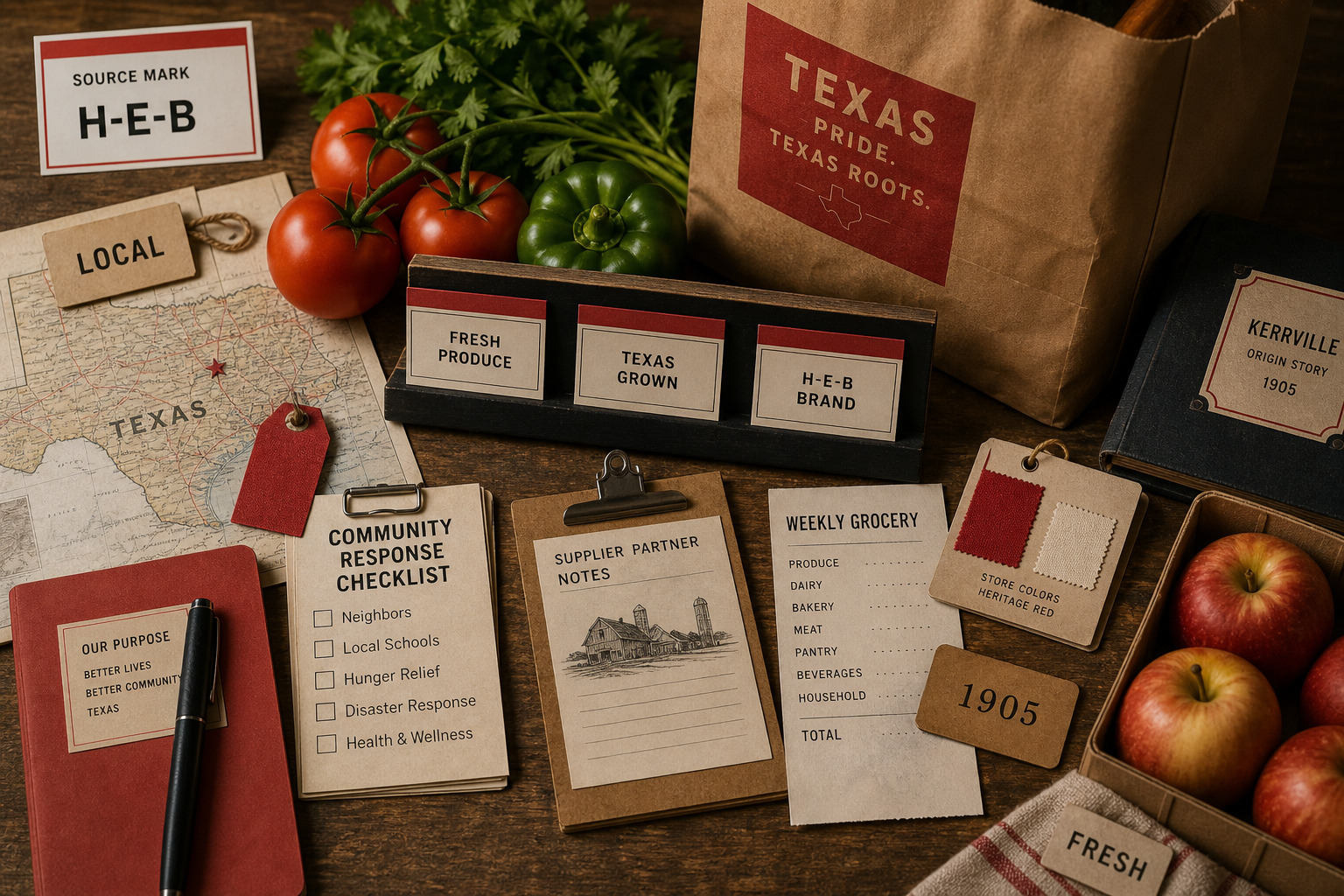 Premium editorial archive still-life of an H-E-B Texas grocery trust case with red grocery swatches, produce basket, private label shelf cards, local supplier map, weekly receipt, community response checklist, Kerrville origin file, and 1905 card