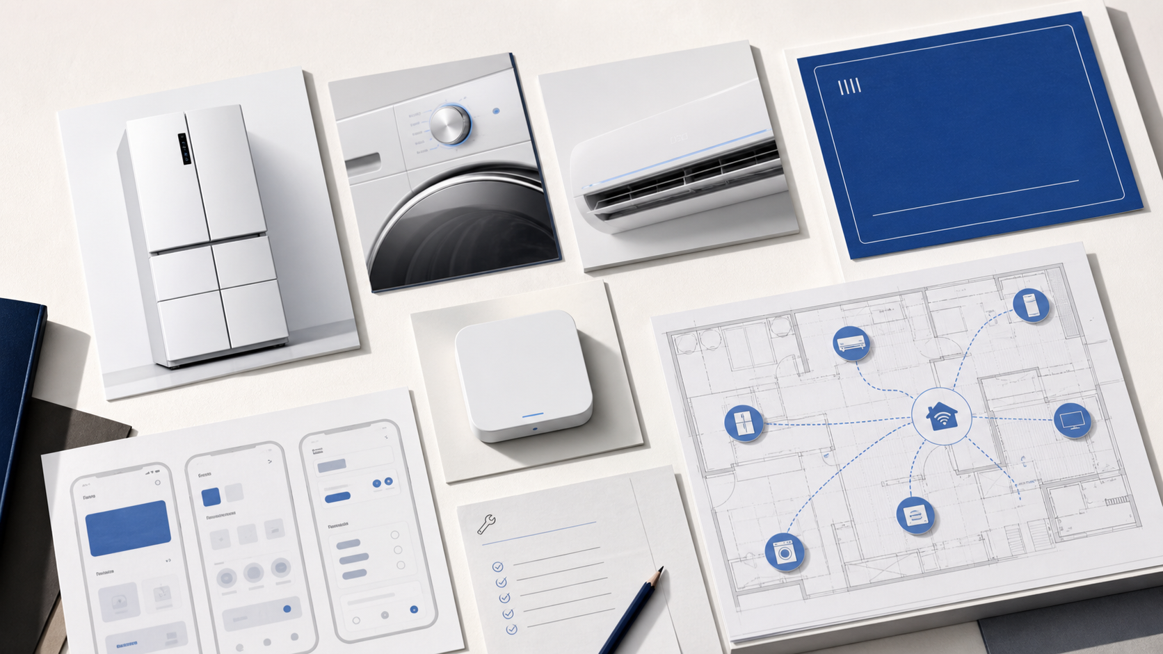 Premium editorial archive still-life of a Haier smart-home appliance ecosystem case with refrigerator card, laundry dial card, air-conditioner card, hub card, app-wireframe sheet, service checklist, and connected-home floorplan