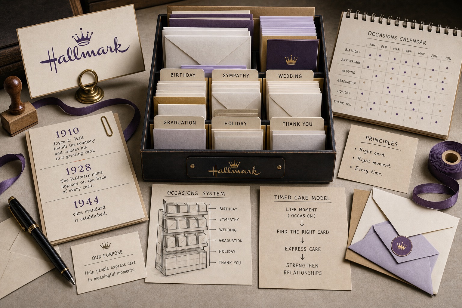 Premium editorial archive still-life of a Hallmark greeting-card timing case with card display tray, Hallmark source-mark card, envelopes, occasion tabs, calendar board, 1910 card, 1928 note, and care-standard card
