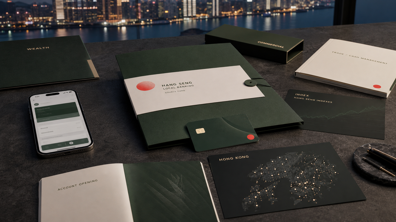 Premium AI-generated archive-table still-life for the Hang Seng Bank case with Hong Kong skyline, green source-card folder, blank bank card, mobile banking screen, wealth folder, commercial banking file, trade cash-management book, Hang Seng Indexes card, and branch network map