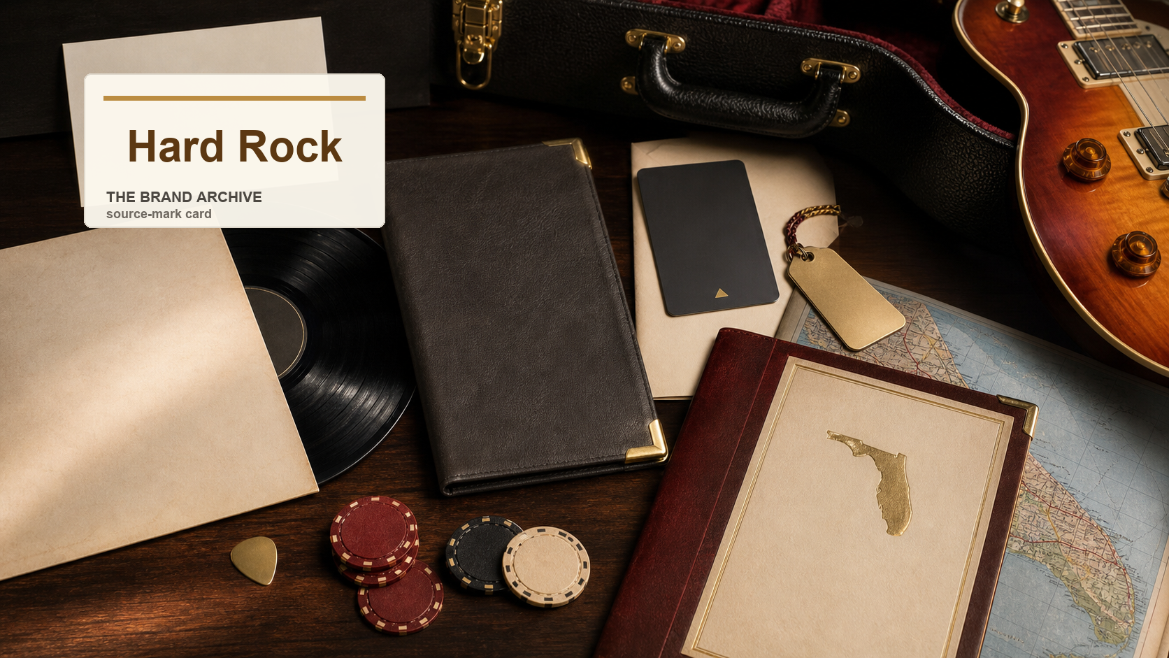 Premium editorial archive still-life of a Hard Rock hospitality case with Hard Rock source-mark card, generic guitar pick, guitar case edge, vinyl record sleeve, menu dummy, hotel key card, casino-style tokens, memorabilia tag, Florida ownership folder, map, and color swatches