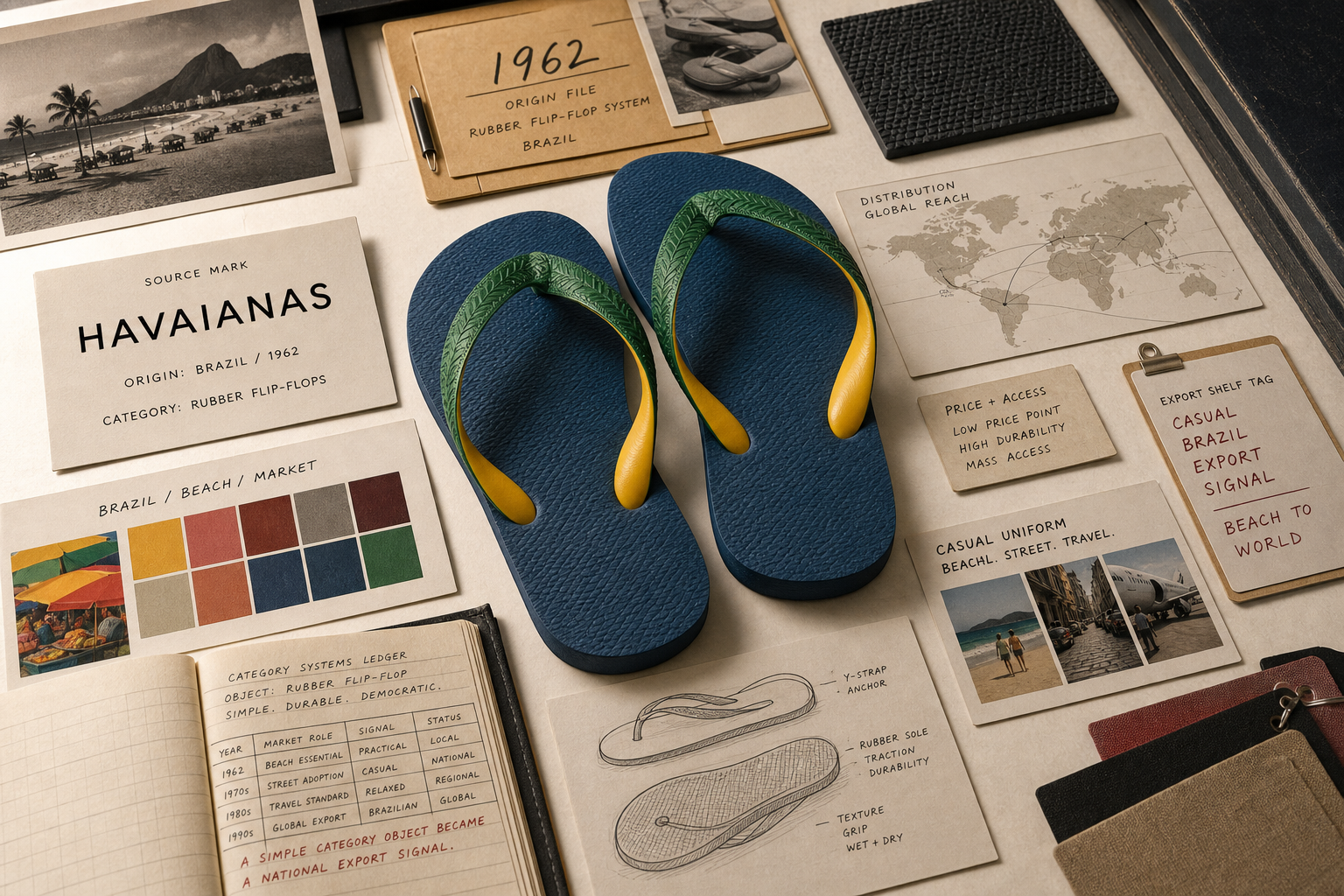 Premium editorial archive still-life of a Havaianas rubber flip-flop case with source-mark card, rights-safe sandals, 1962 Brazil origin file, sole texture sample, distribution map, color swatches, and export shelf tag