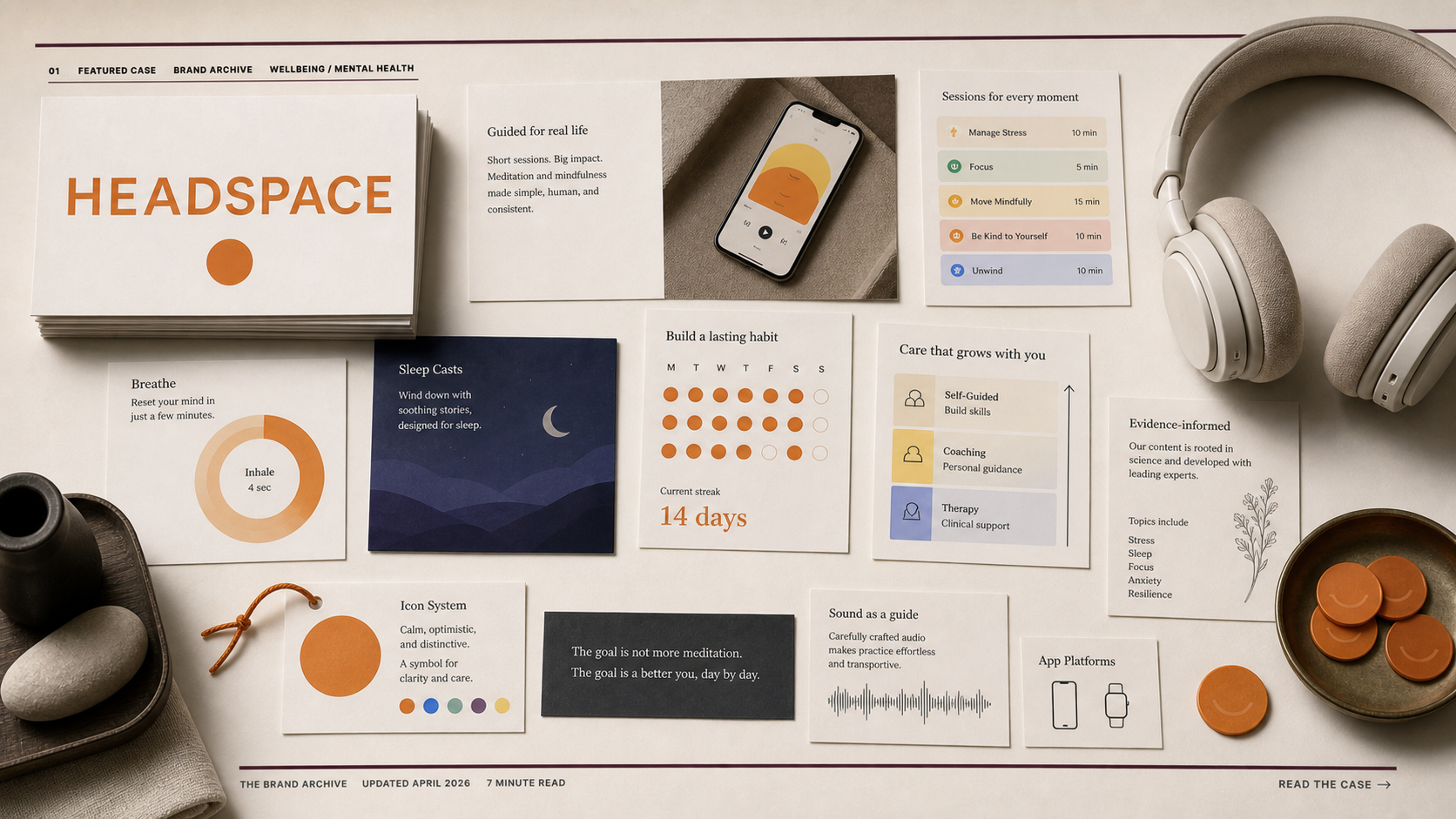 Premium editorial archive still-life of a Headspace guided meditation case with source-mark card, orange tokens, meditation session cards, breathing ring diagram, sleep card, habit calendar, headphones, and support ladder note