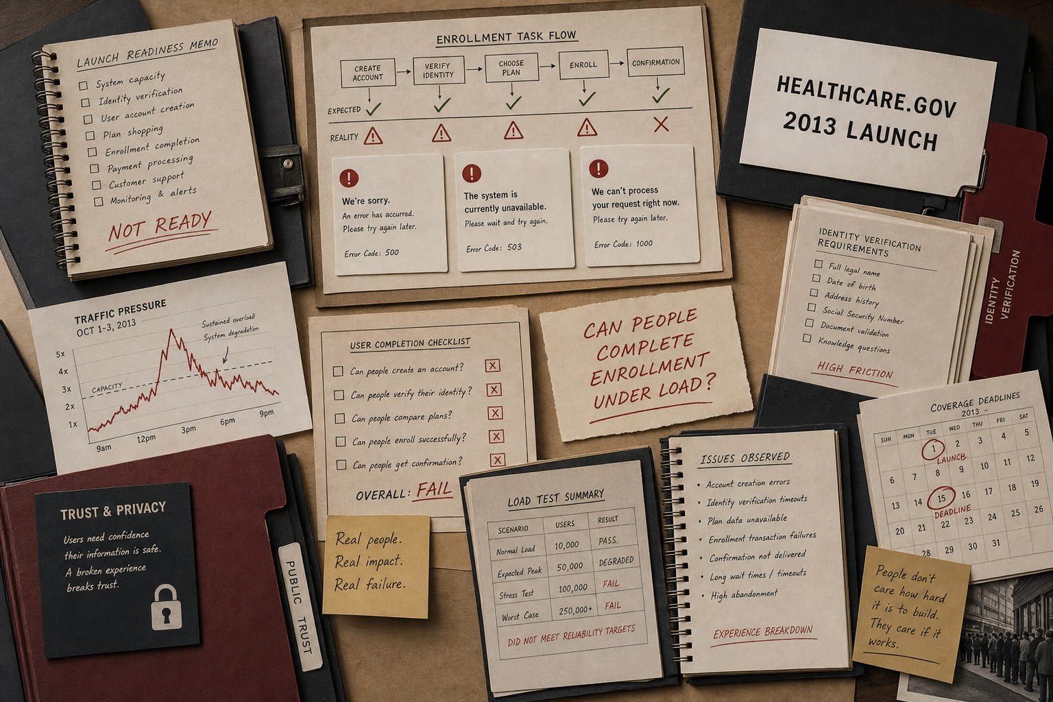 Premium editorial archive still-life of a HealthCare.gov launch failure case with source-mark card, generic enrollment forms, deadline calendar, identity verification folder, load-test sheets, error cards, traffic chart, privacy note, and readiness memo