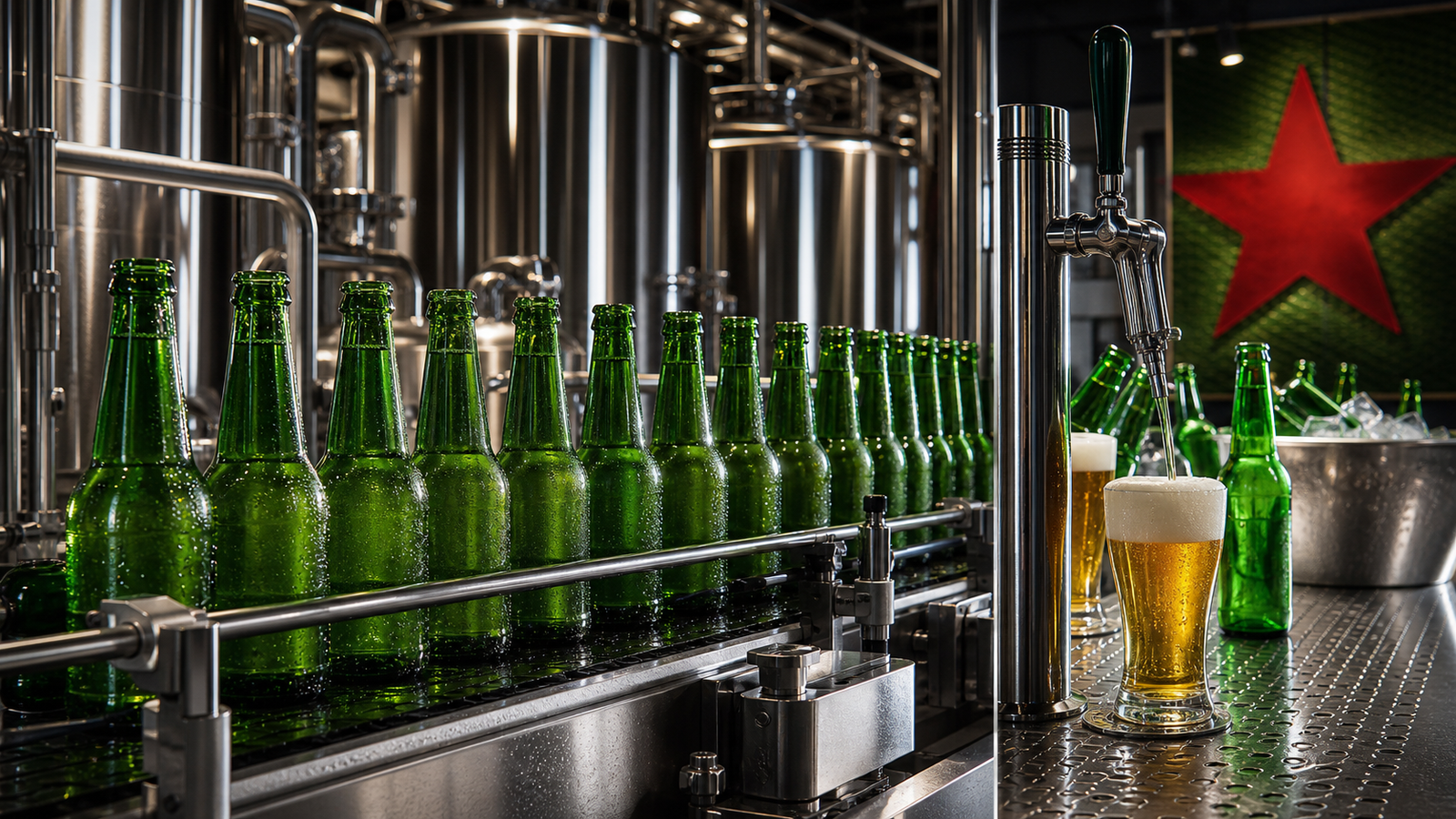 Premium brewery and bottle-line proof scene with green glass and no readable labels.
