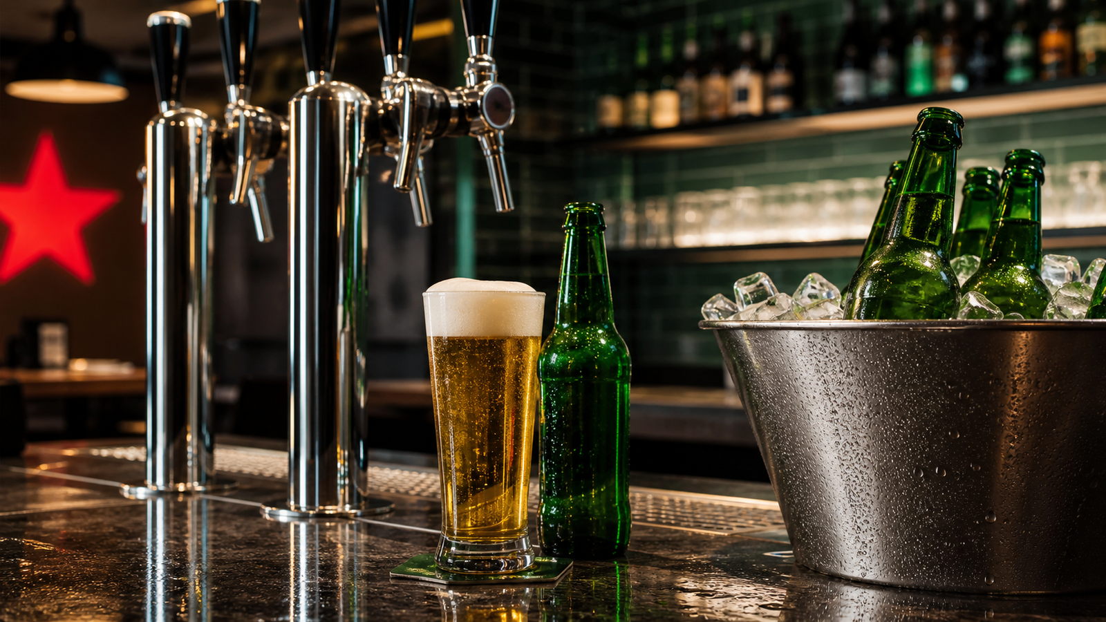 Premium bar counter recognition scene with green light and red-star-like cue without readable labels.