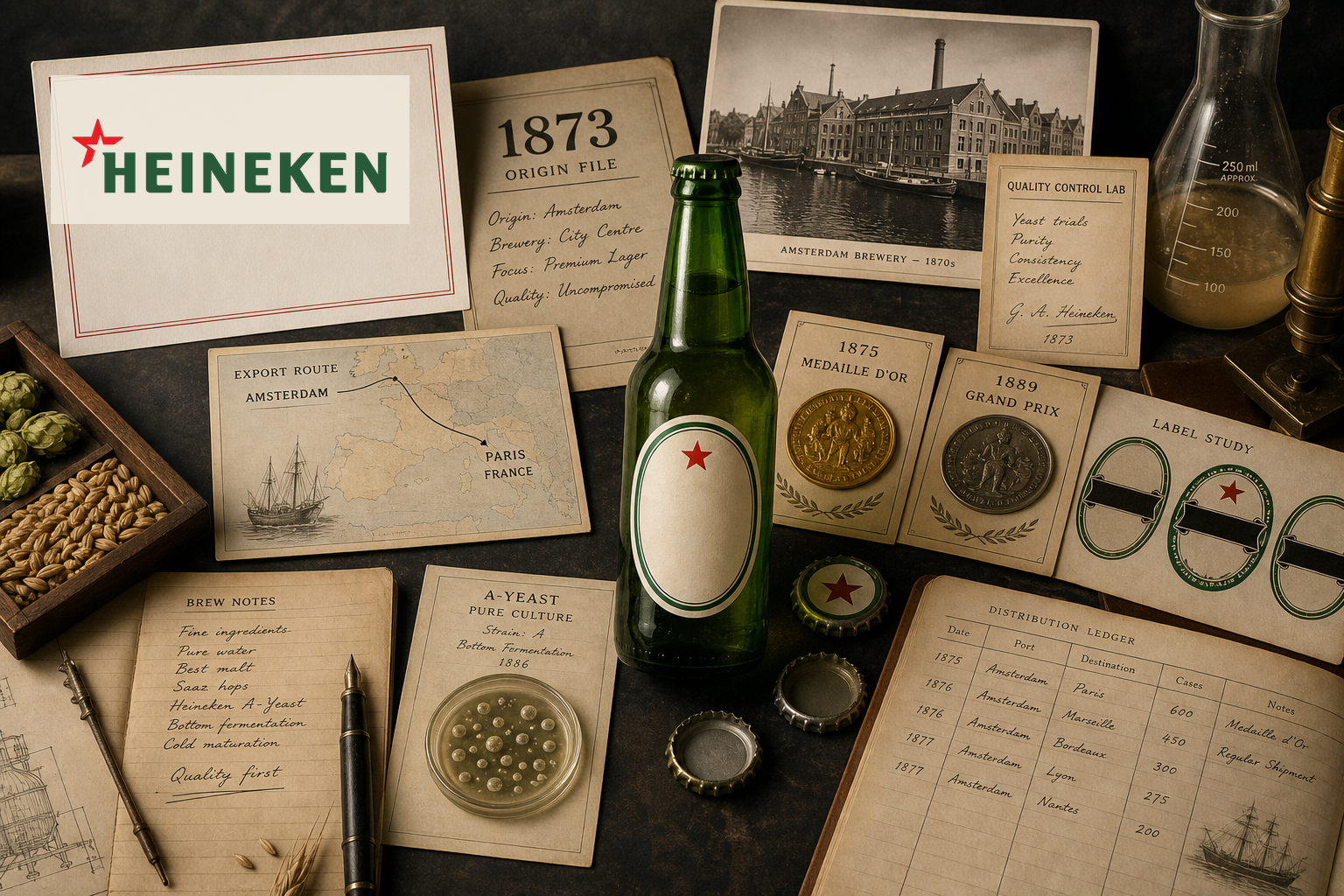 Premium editorial archive still-life of a Heineken green bottle export system case with Heineken source-mark card, Amsterdam 1873 origin file, green bottle with blank oval label and red star cue, export route card, awards, A-Yeast lab card, barley, hops, bottle caps, and distribution ledger