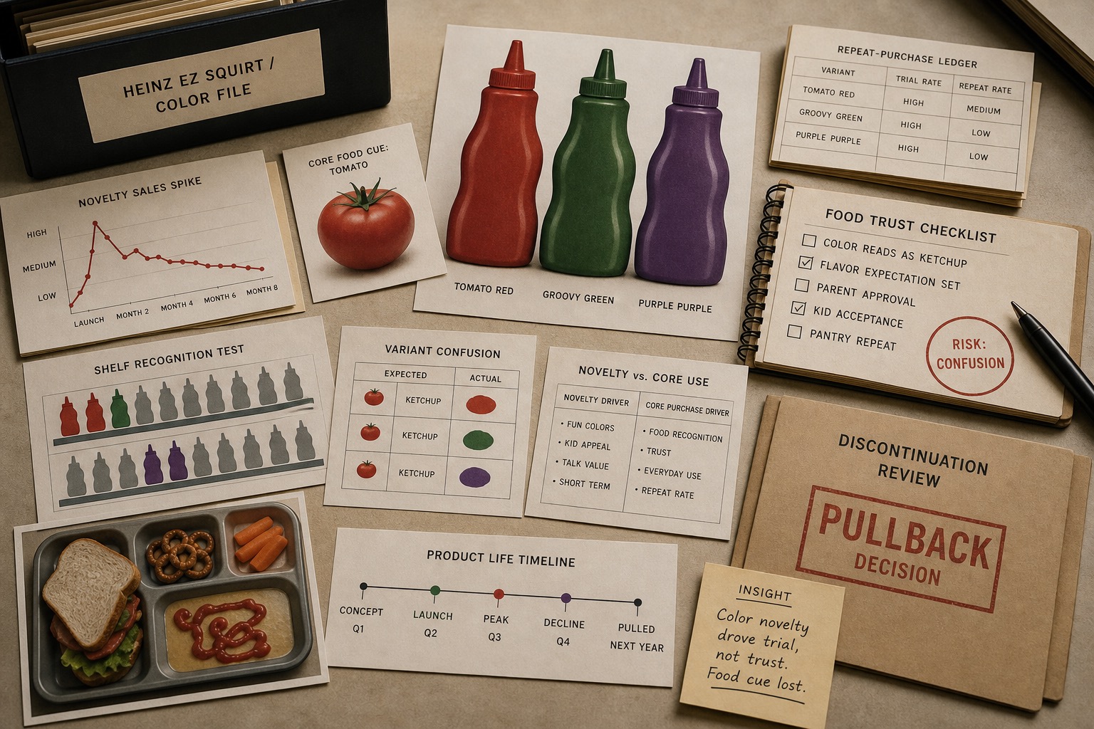 Premium editorial archive still-life of a Heinz EZ Squirt color novelty case with source-mark card, colored squeeze bottle silhouettes, tomato card, lunch tray cue, color swatches, shelf-recognition cards, novelty sales ledger, repeat-purchase checklist, and pullback folder
