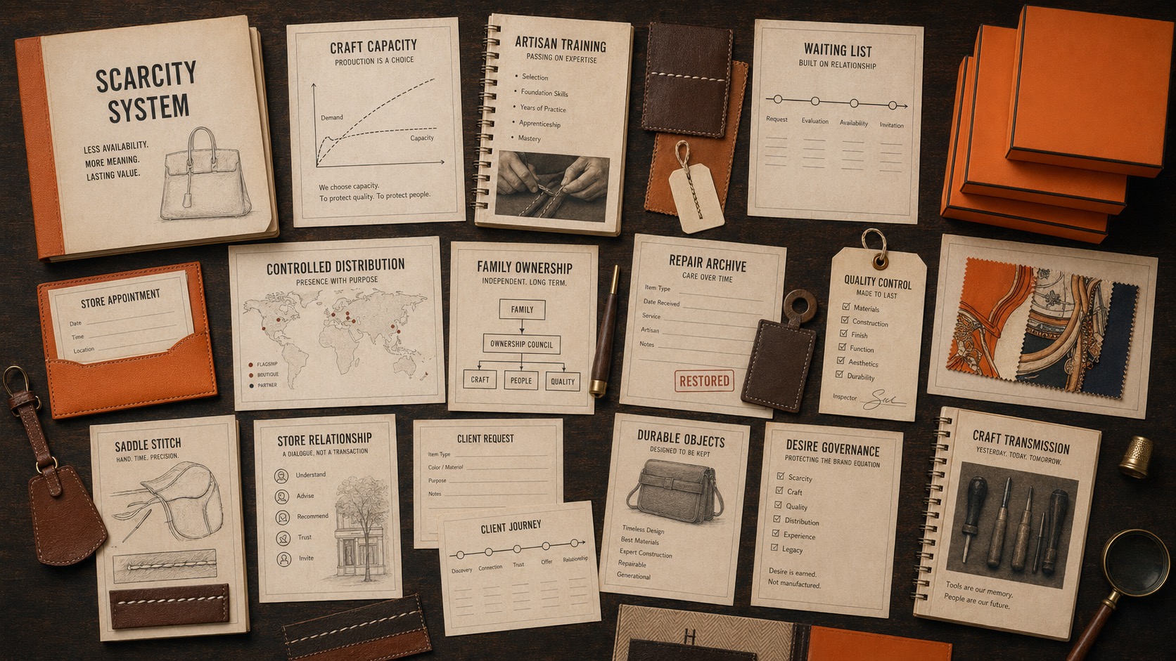 Premium editorial archive still-life of a Hermes luxury governance case board with generic leather swatches, saddle-stitch samples, artisan training notebook, workshop capacity ledger, store appointment cards, client request file, waiting-list timeline, controlled distribution map, repair archive ticket, quality-control tags, family ownership chart, durable object memo, and orange presentation boxes without logos