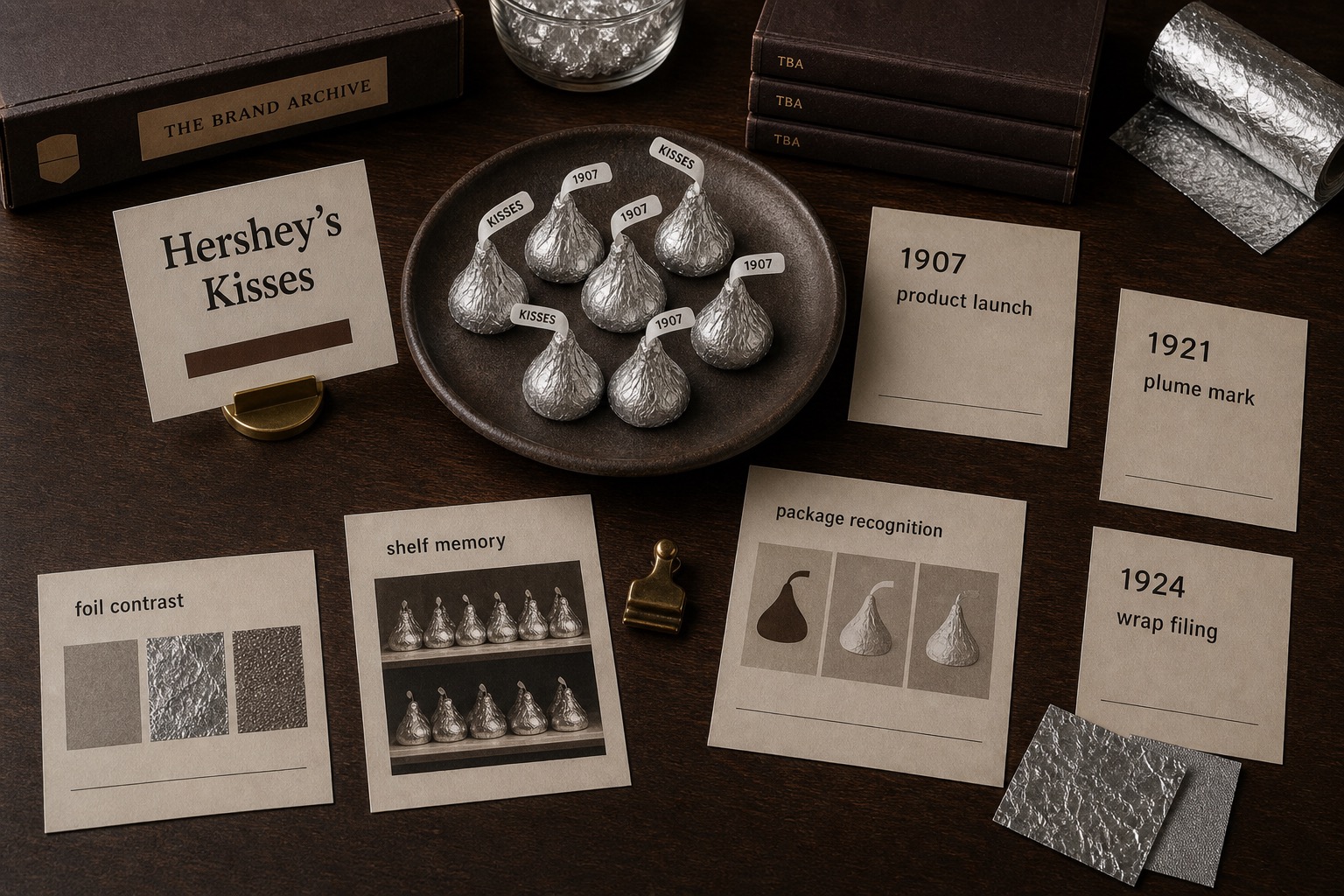 Premium editorial archive still-life of a Hershey's Kisses plume wrapper recognition case with a source-mark card, silver wrapped chocolates, plume tabs, package-recognition notes, foil swatches, and shelf-memory study