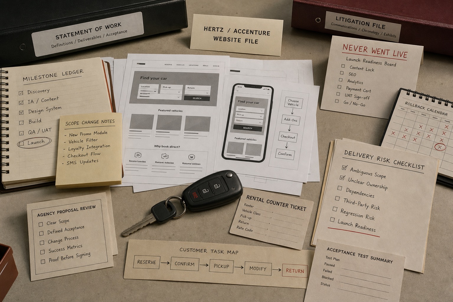 Premium editorial archive still-life of a Hertz and Accenture website redesign lawsuit case with source-mark card, car key fob, rental counter ticket, website wireframes, statement-of-work binder, delivery-risk checklist, litigation folder, and never-went-live board