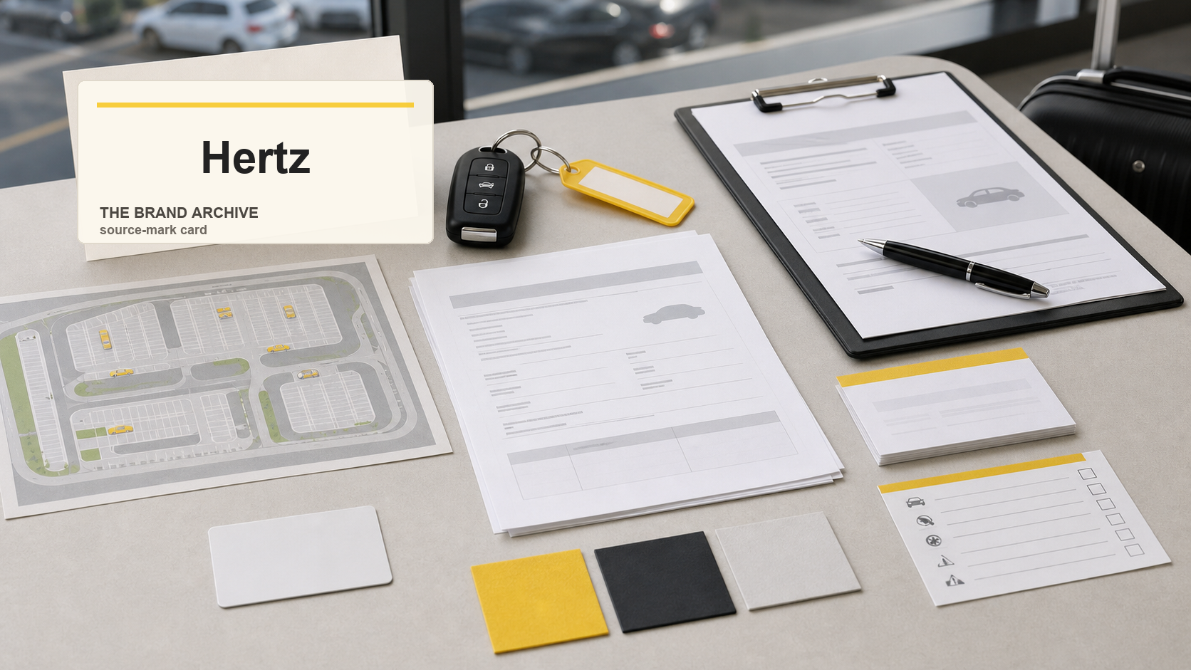 Premium editorial archive still-life of a Hertz airport rental car case with Hertz source-mark card, generic car key fob, rental agreement dummy, fleet lot map, membership card, exit-gate slip, cleaning checklist, luggage tag, and yellow, black, white, and gray swatches