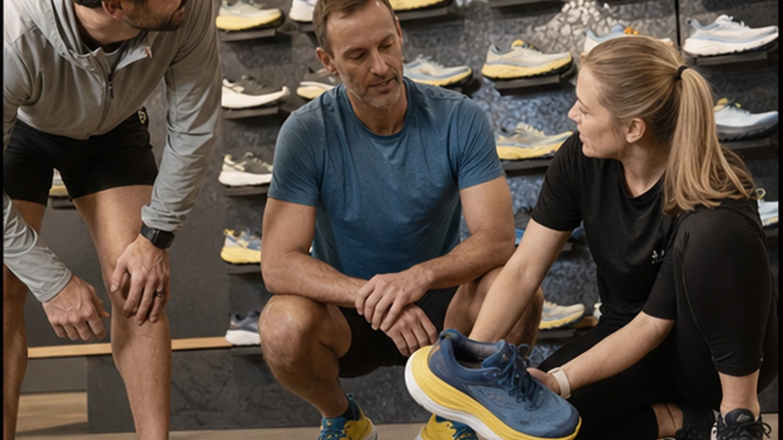 Running specialty fitting consultation with plain max-cushion footwear and no visible logos.