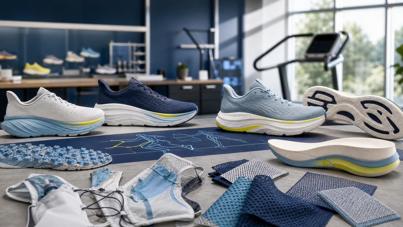 HOKA-style max-cushion shoes with outsole, foam, mesh, and lab proof surfaces.