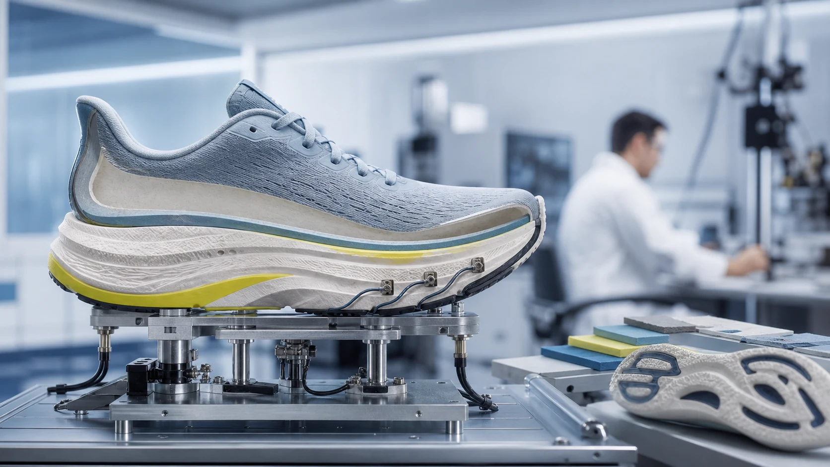 Unbranded max-cushion running shoe cross-section mounted in a biomechanics lab test rig.