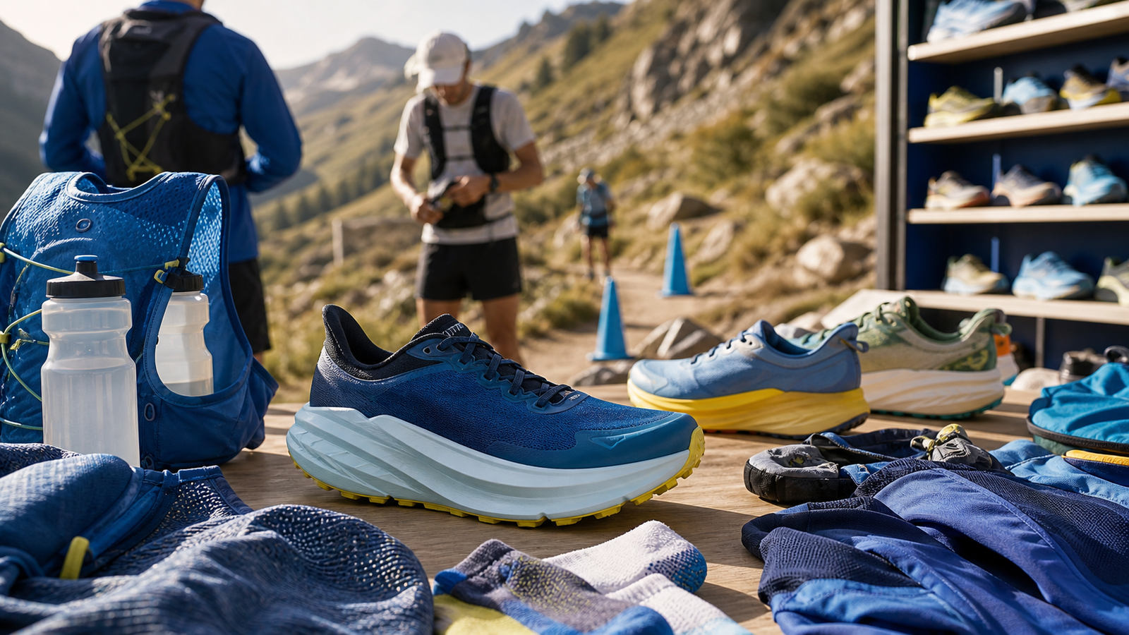 Trail-running and retail preparation scene with max-cushion footwear and outdoor gear.