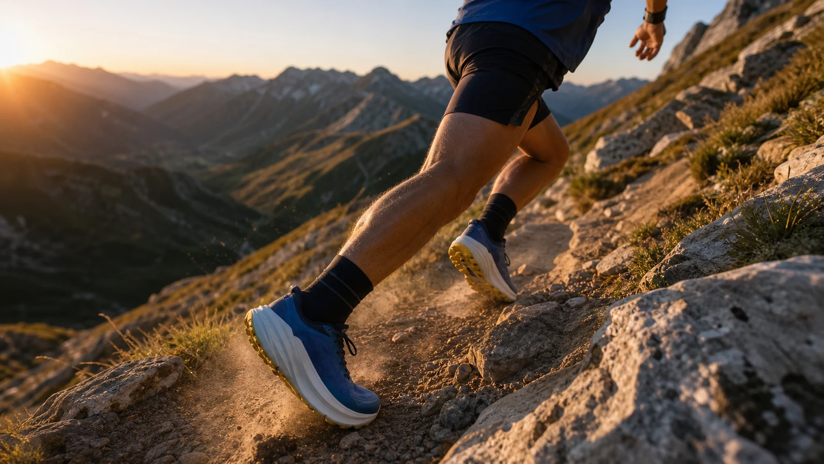 Trail runner descending a rocky alpine path in unbranded max-cushion footwear at golden hour.