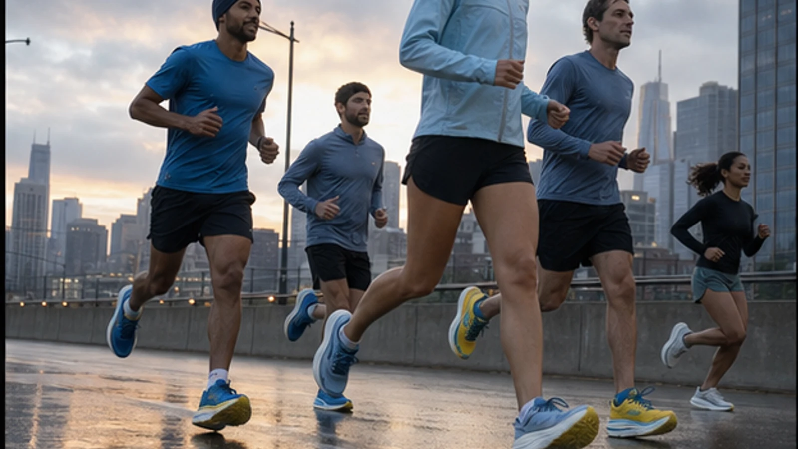 Group of runners moving through a city at dawn in plain performance shoes and apparel.