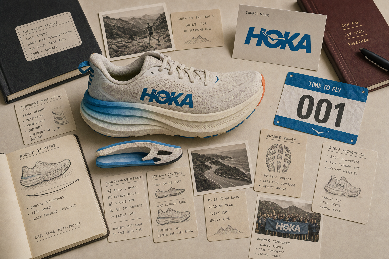 Premium editorial archive still-life of a HOKA max-cushion running footwear case with HOKA source-mark card, chunky running shoe, midsole foam cross-section, rocker geometry sketch, trail origin card, race bib, outsole tread card, and comfort to speed proof notes