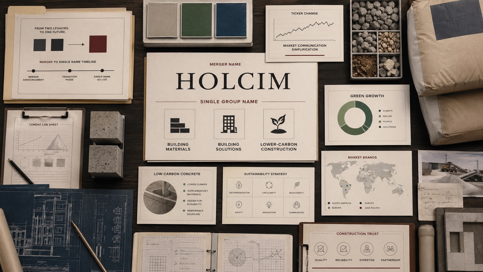 Premium editorial archive still-life of a construction-materials rebrand case board with Holcim name simplification notes, cement lab sheets, concrete cube tests, aggregate trays, low-carbon construction charts, market brand maps, and ticker-change materials