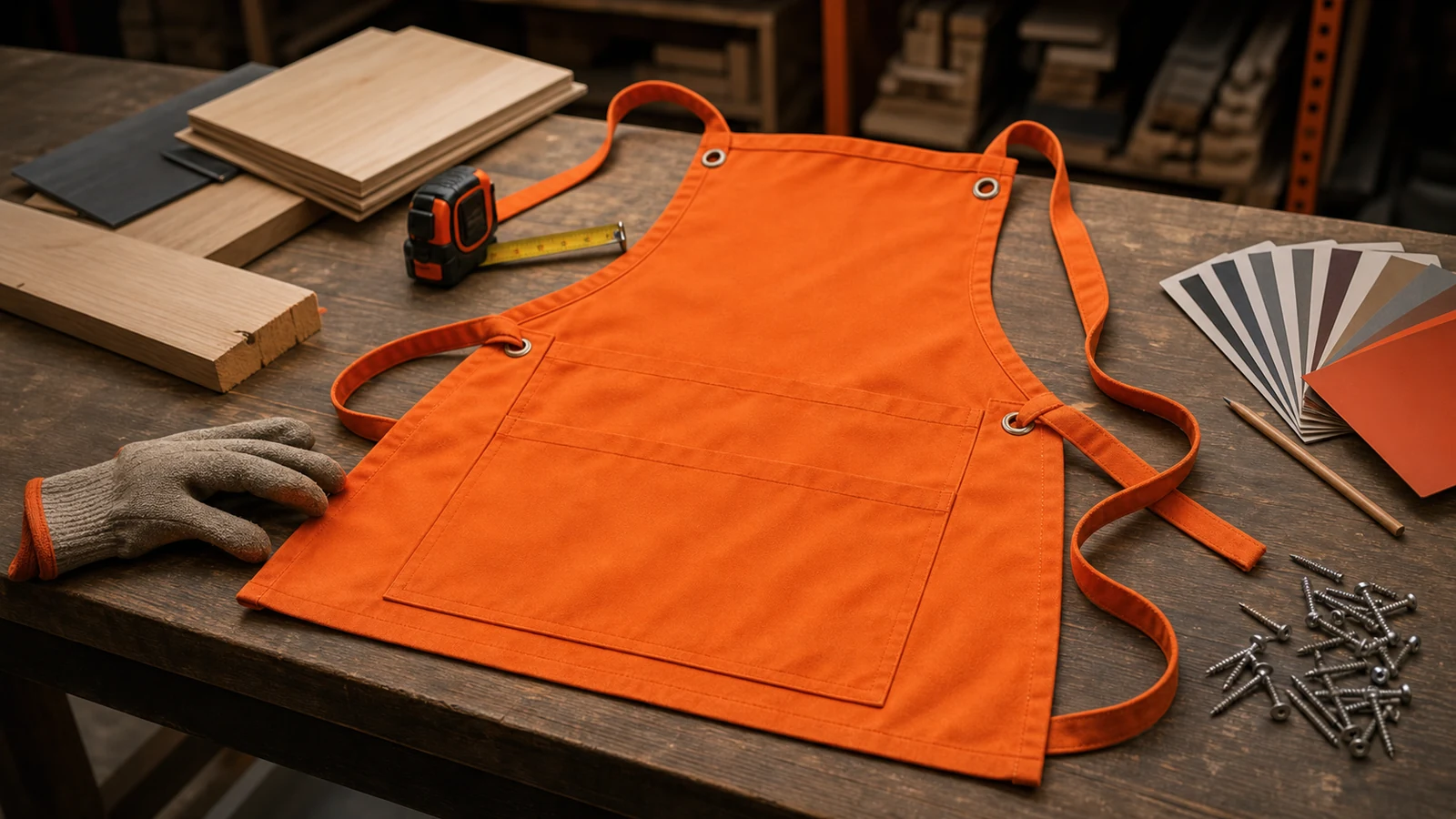 Orange work apron on a workshop bench with tools and no logos or text.