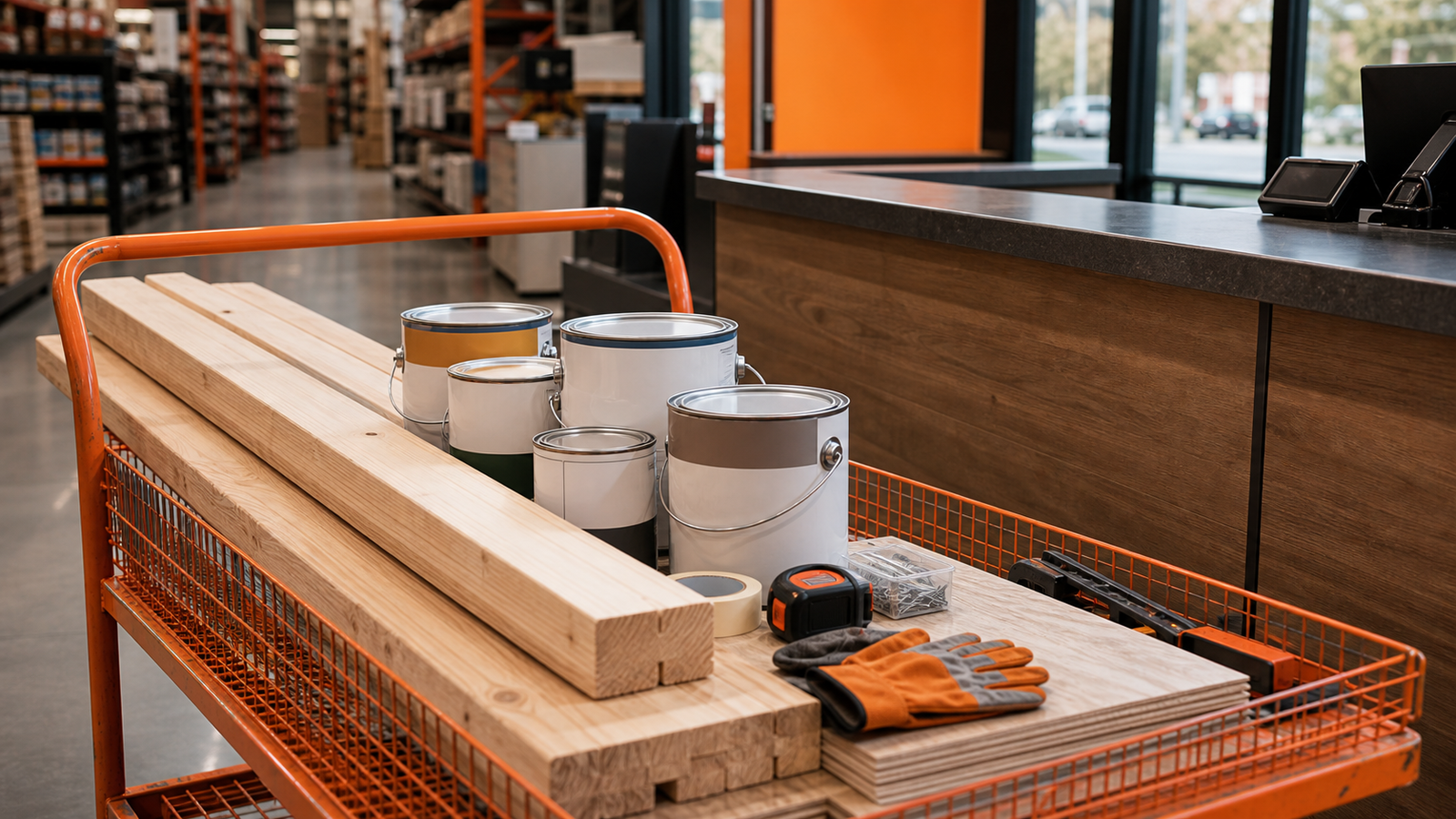 Project cart and pickup counter with orange work gloves and no logos or text.