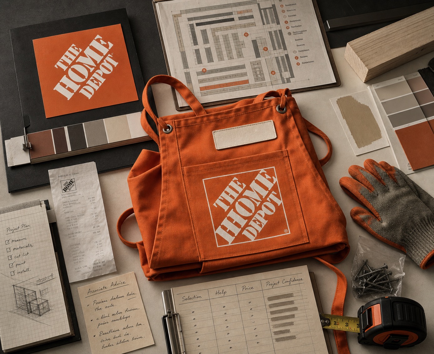 Premium editorial archive still-life of a Home Depot orange-apron project-system case with a Home Depot source-mark card, central orange associate apron, paint swatches, tape measure, work glove, screws, lumber sample, project checklist, aisle map, receipt, and selection-help-price trust ledger